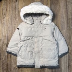 Áo khoác lông vũ Moimoln màu ghi mũ lông dáng dài size 120/130