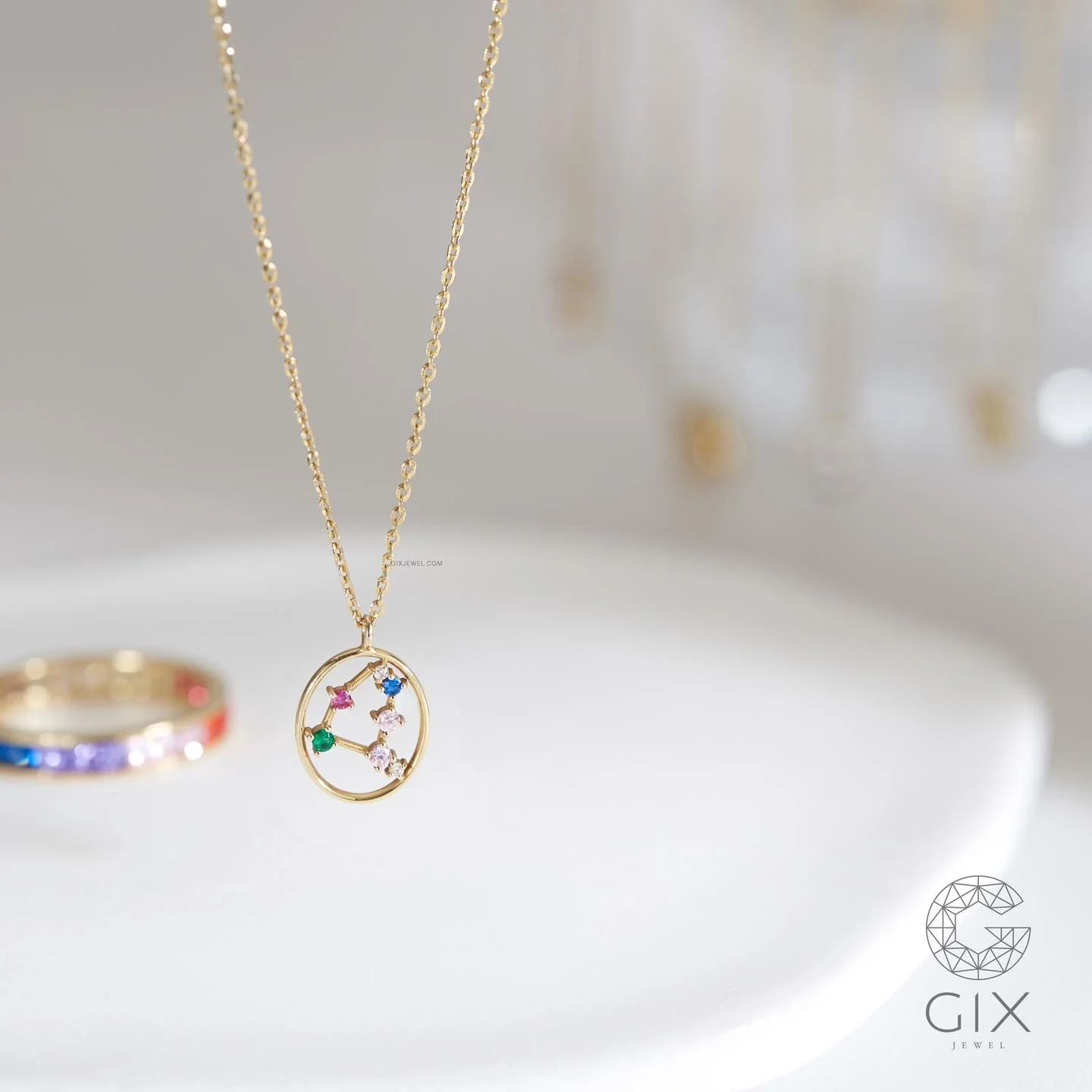  [CÓ SẴN] Dây chuyền vàng 14k cung hoàng đạo đính đá cầu vồng - 42cm 