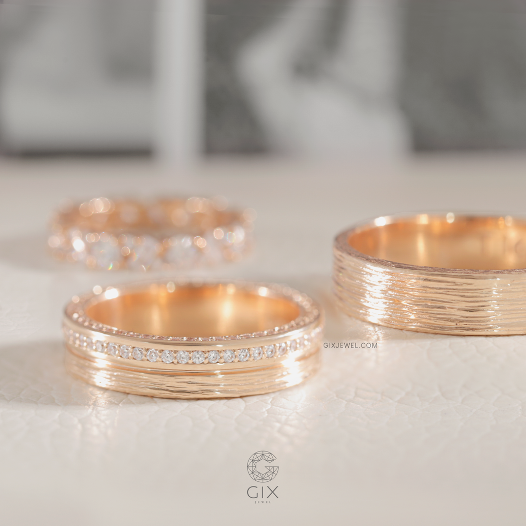  Nhẫn cưới mới nhất vàng hồng đẹp rose gold đính full kim cương thiết kế độc đáo Gix 