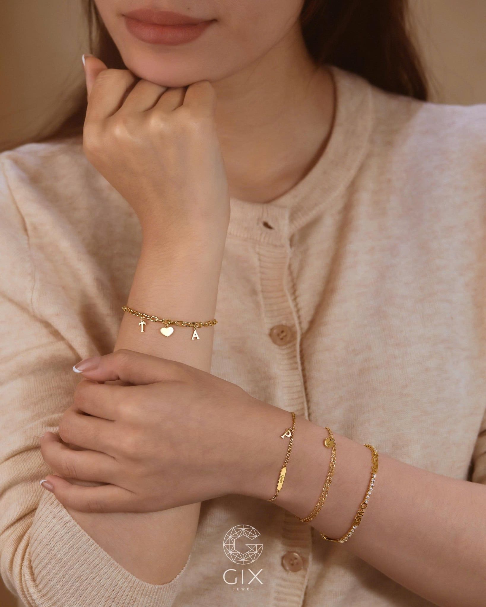  [CÓ SẴN] Lắc tay vàng 14k mắc xích nhỏ T trái tim A - 17.5cm 
