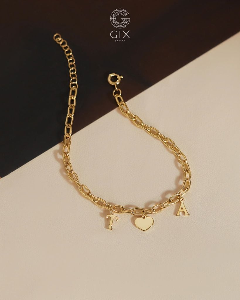 [CÓ SẴN] Lắc tay vàng 14k mắc xích nhỏ T trái tim A - 17.5cm