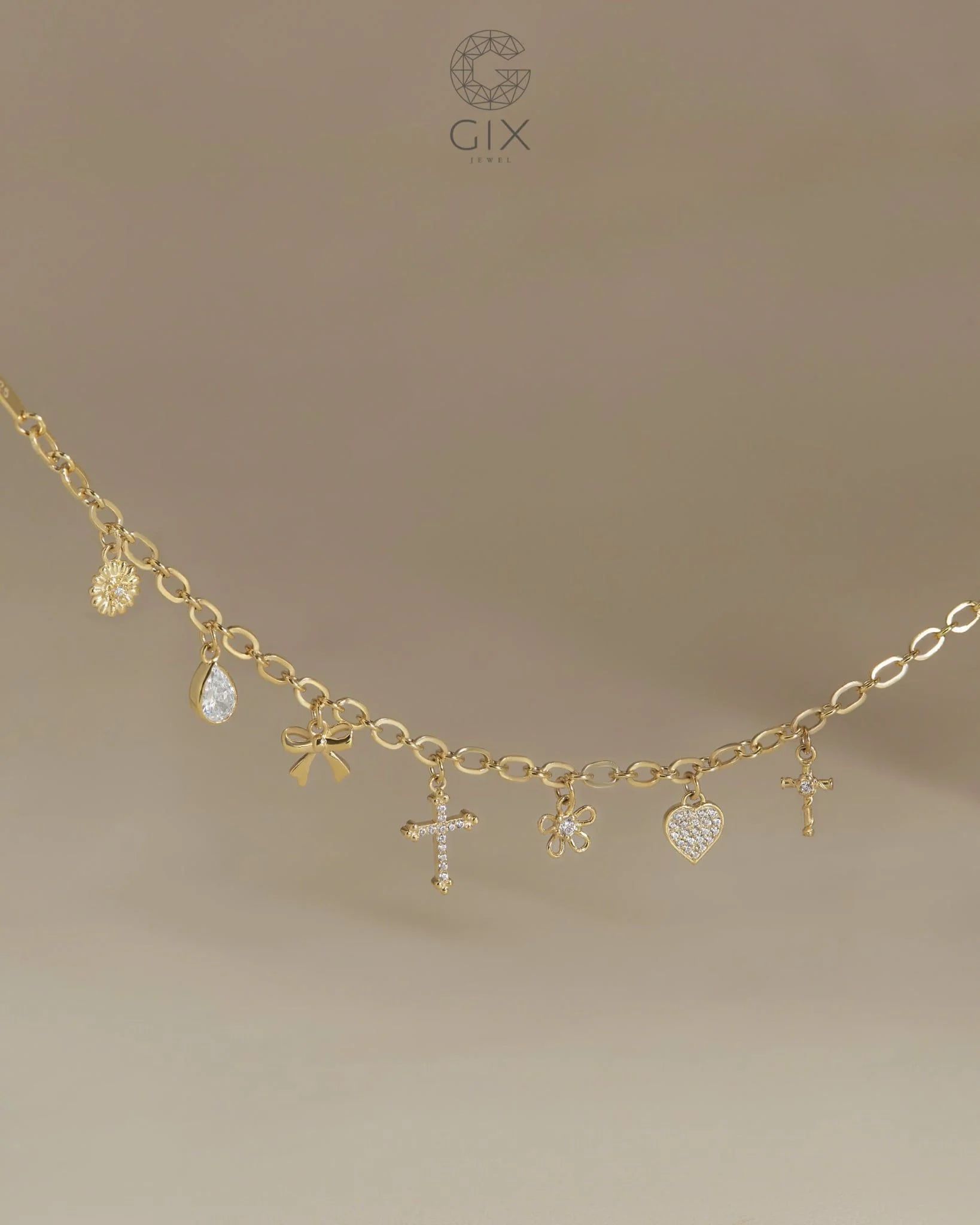  [CÓ SẴN] Lắc tay xích bạc mạ vàng gắn charm 