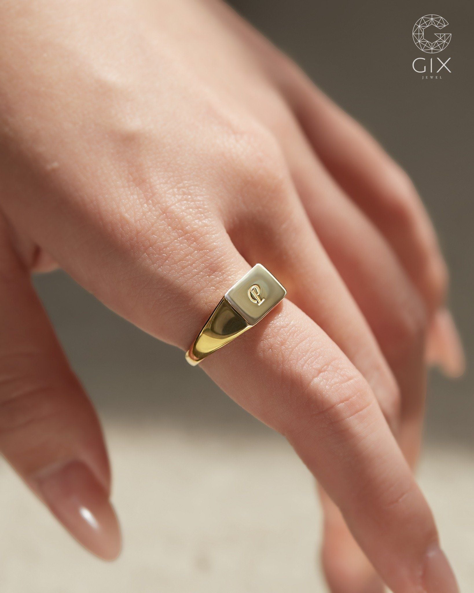  Nhẫn signet nam nữ vàng 18k & bạc 925 mặt vuông khắc tên | Gix Jewel 