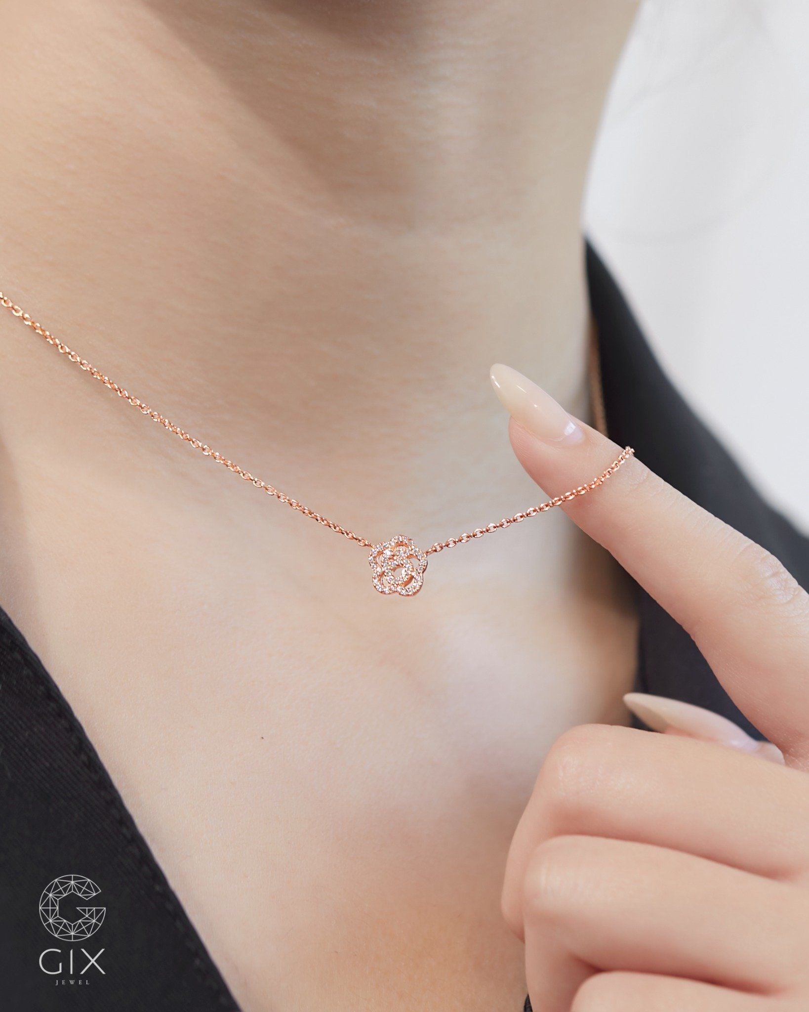  Dây chuyền hoa hồng sợi vàng hồng đẹp đính kim cương - Petal Bloom | Gix Jewelry 