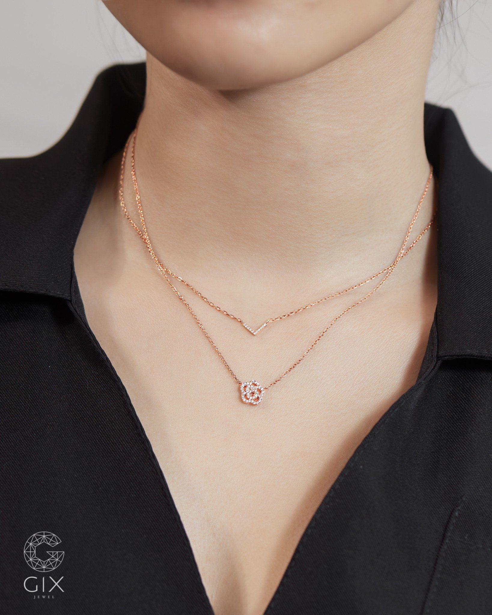  Dây chuyền hoa hồng sợi vàng hồng đẹp đính kim cương - Petal Bloom | Gix Jewelry 