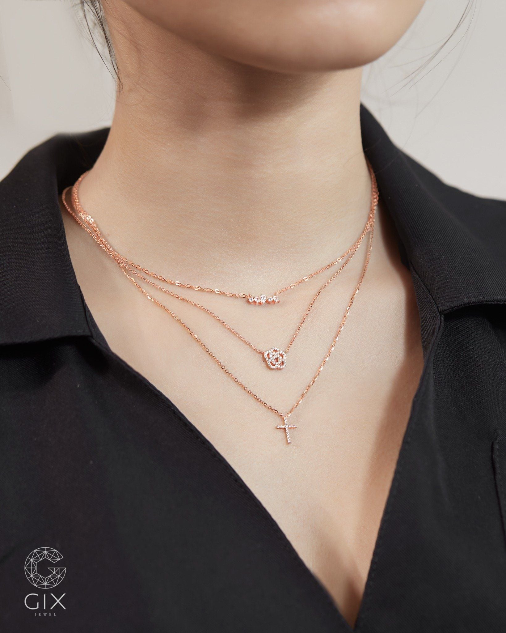  Dây chuyền hoa hồng sợi vàng hồng đẹp đính kim cương - Petal Bloom | Gix Jewelry 
