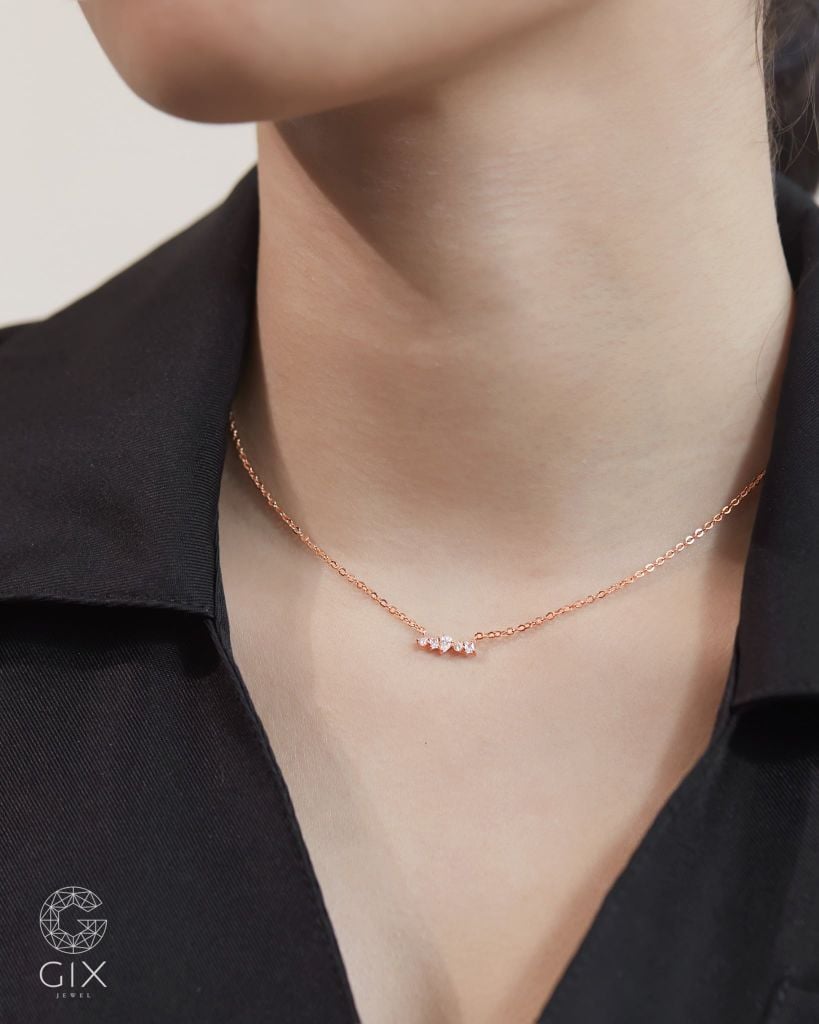  Dây chuyền kim cương vàng hồng 18k sợi chữ cong mảnh - Dewdrop Charm | Gixjewel 