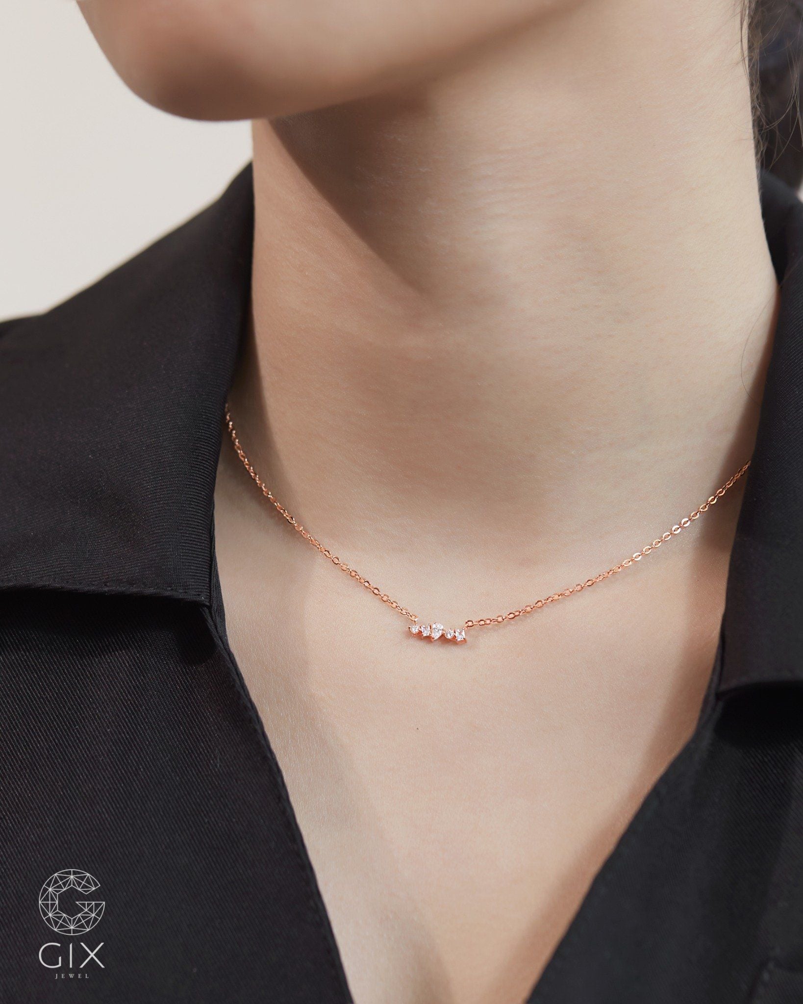  Dây chuyền kim cương vàng hồng 18k sợi chữ cong mảnh - Dewdrop Charm | Gixjewel 