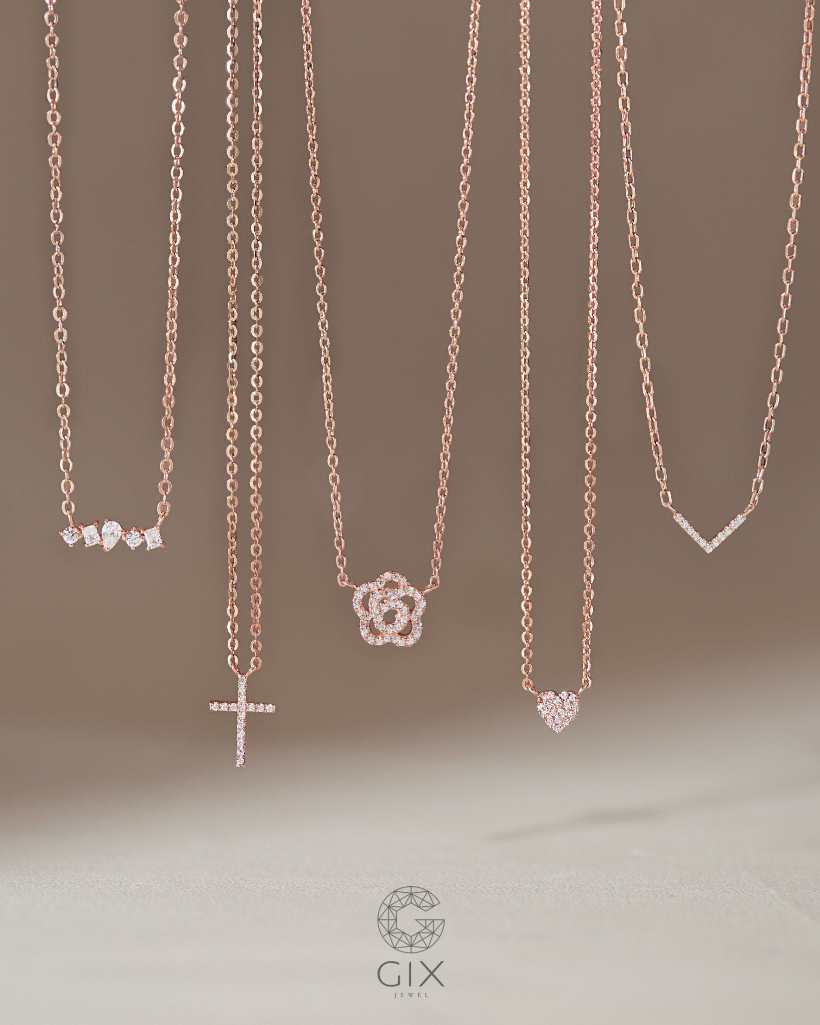  Dây chuyền kim cương vàng hồng 18k sợi chữ cong mảnh - Dewdrop Charm | Gixjewel 