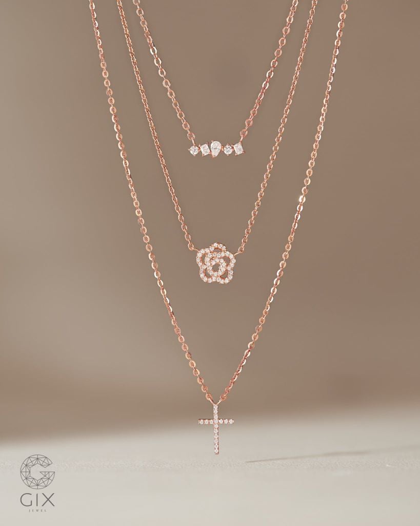  Dây chuyền kim cương vàng hồng 18k sợi chữ cong mảnh - Dewdrop Charm | Gixjewel 