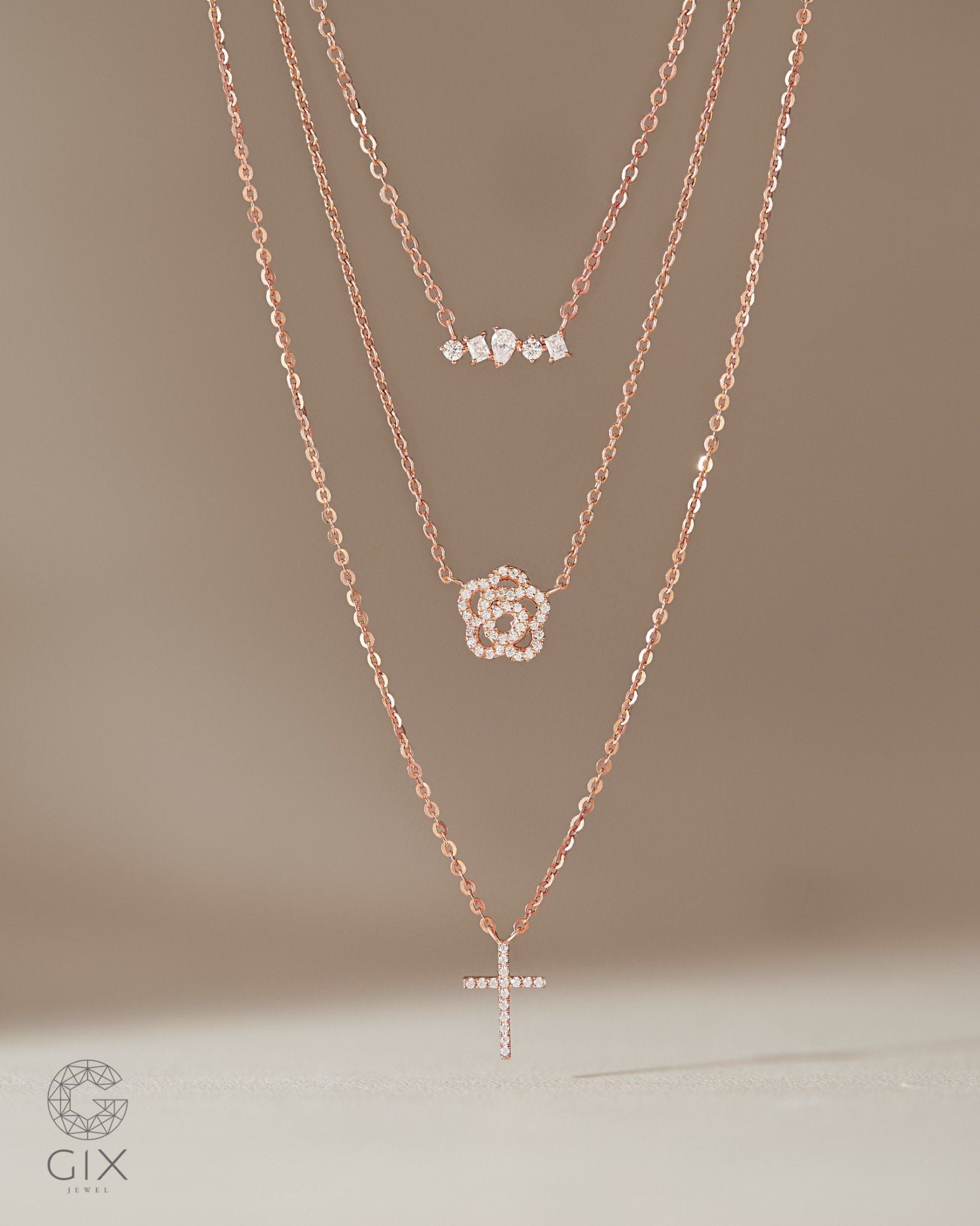  Dây chuyền kim cương vàng hồng 18k sợi chữ cong mảnh - Dewdrop Charm | Gixjewel 