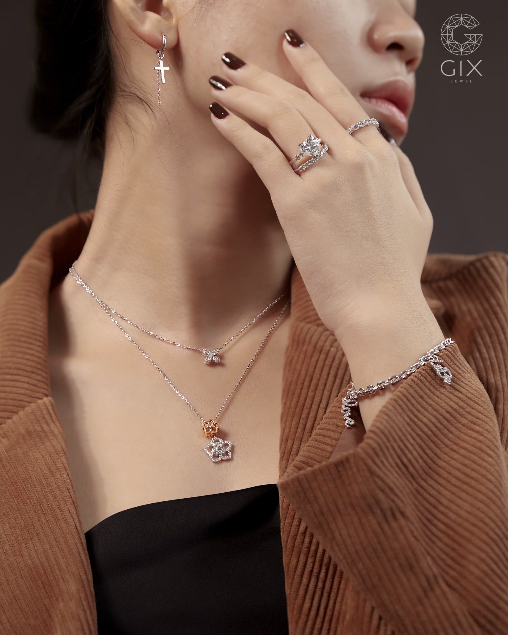  Dây chuyền vàng trắng luồn mặt hoa đính đá cao cấp | Gix Jewel 