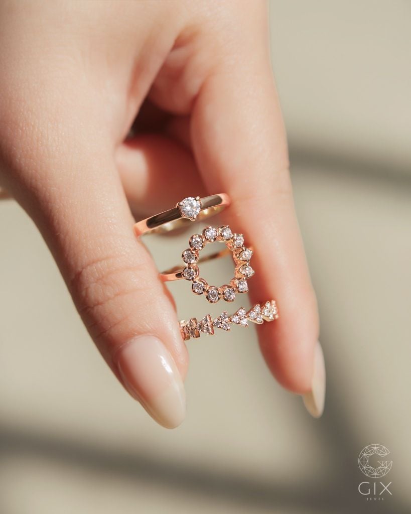  Nhẫn vàng nữ đẹp & bạc 925 đính viền kim cương tấm | Gix Jewel 