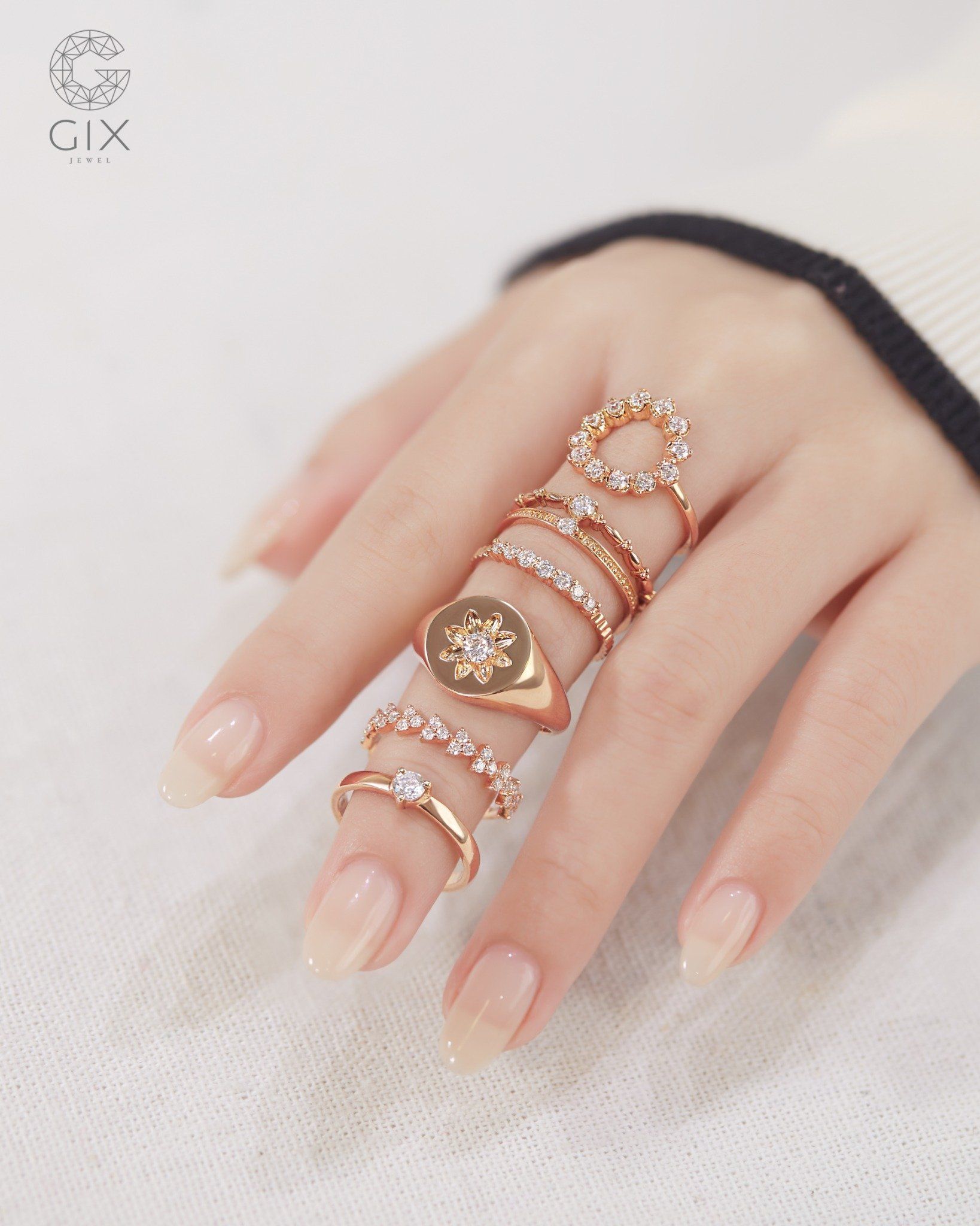  Set nhẫn nữ layer vàng tây & bạc đẹp viền hoạ tiết đính đá | Gix Jewel 