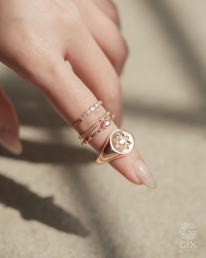  Set nhẫn nữ layer vàng tây & bạc đẹp viền hoạ tiết đính đá | Gix Jewel 