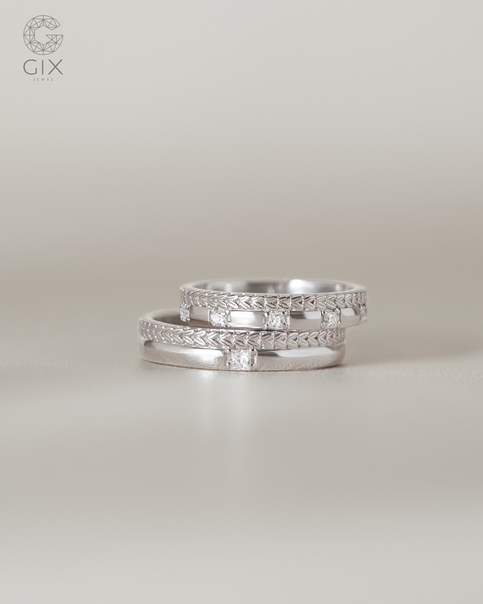  Nhẫn cưới kiểu mới 18k bản to đẹp hình vương miện đính đá Gix Jewel 