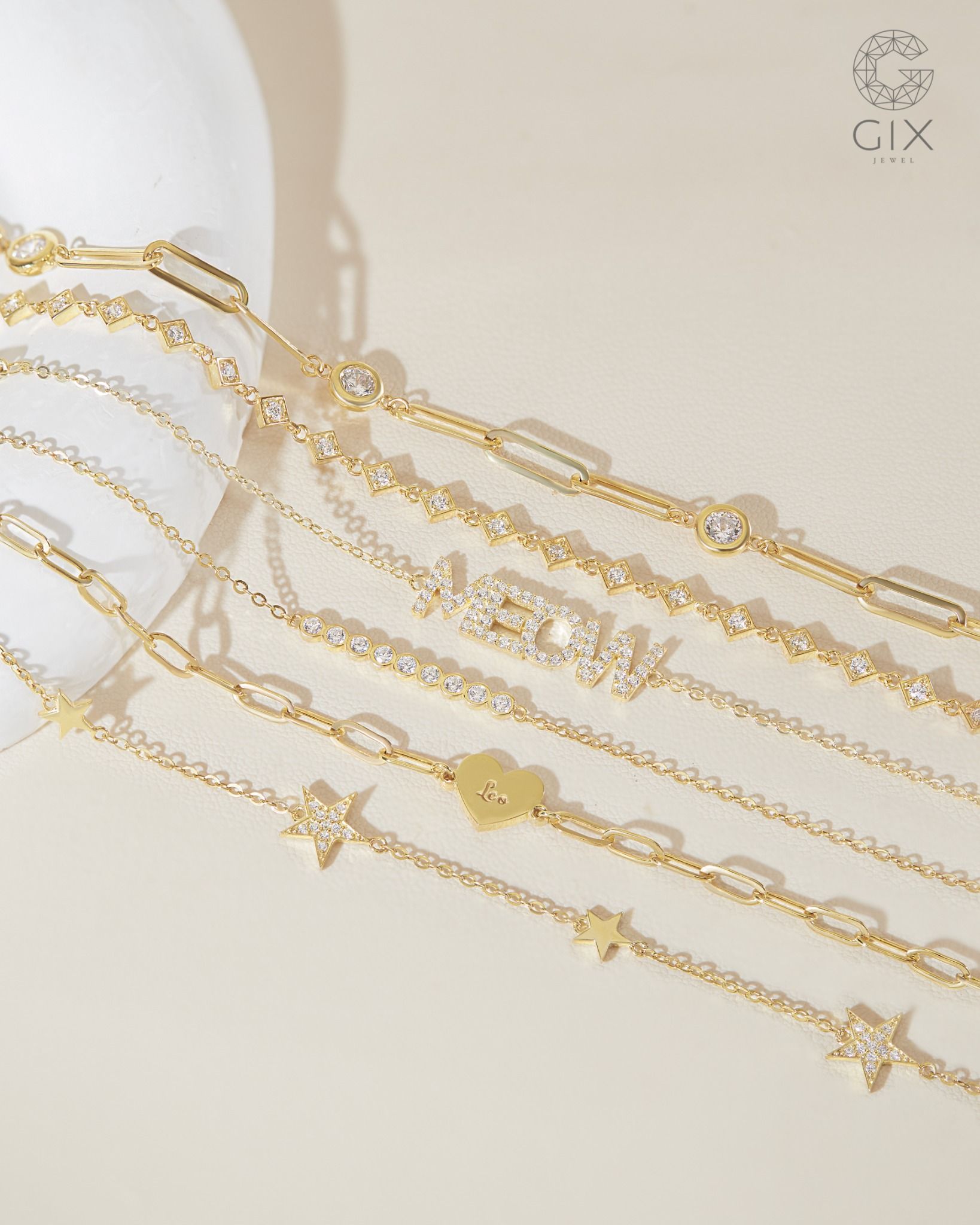  Lắc tay khắc tên vàng 18k & bạc 925 sợi mảnh đính đá | Gix Jewel 