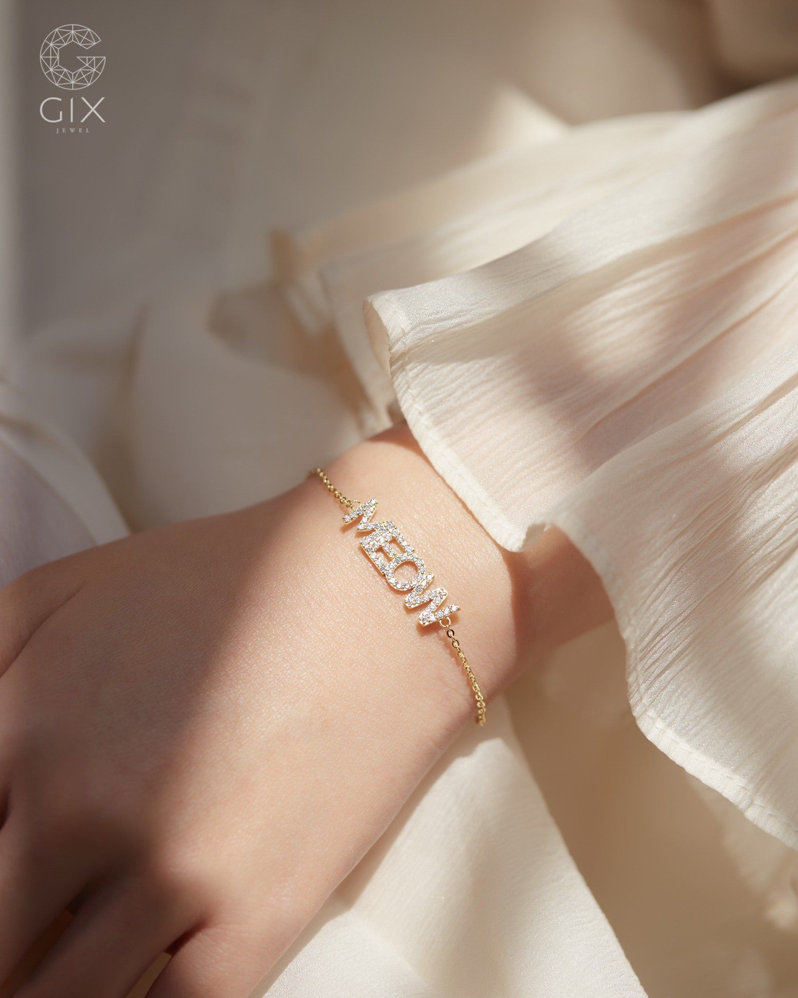  Lắc tay khắc tên vàng 18k & bạc 925 sợi mảnh đính đá | Gix Jewel 