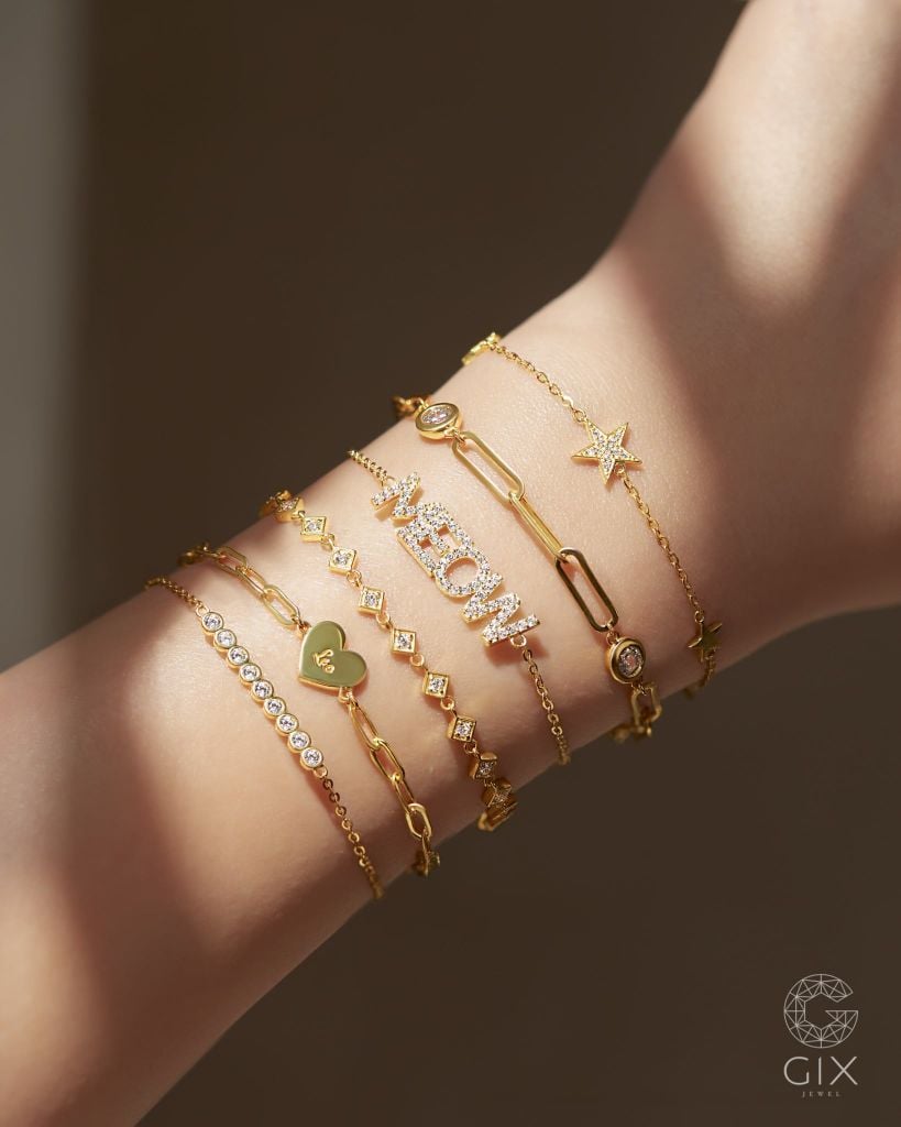  Lắc tay khắc tên vàng 18k & bạc 925 sợi mảnh đính đá | Gix Jewel 