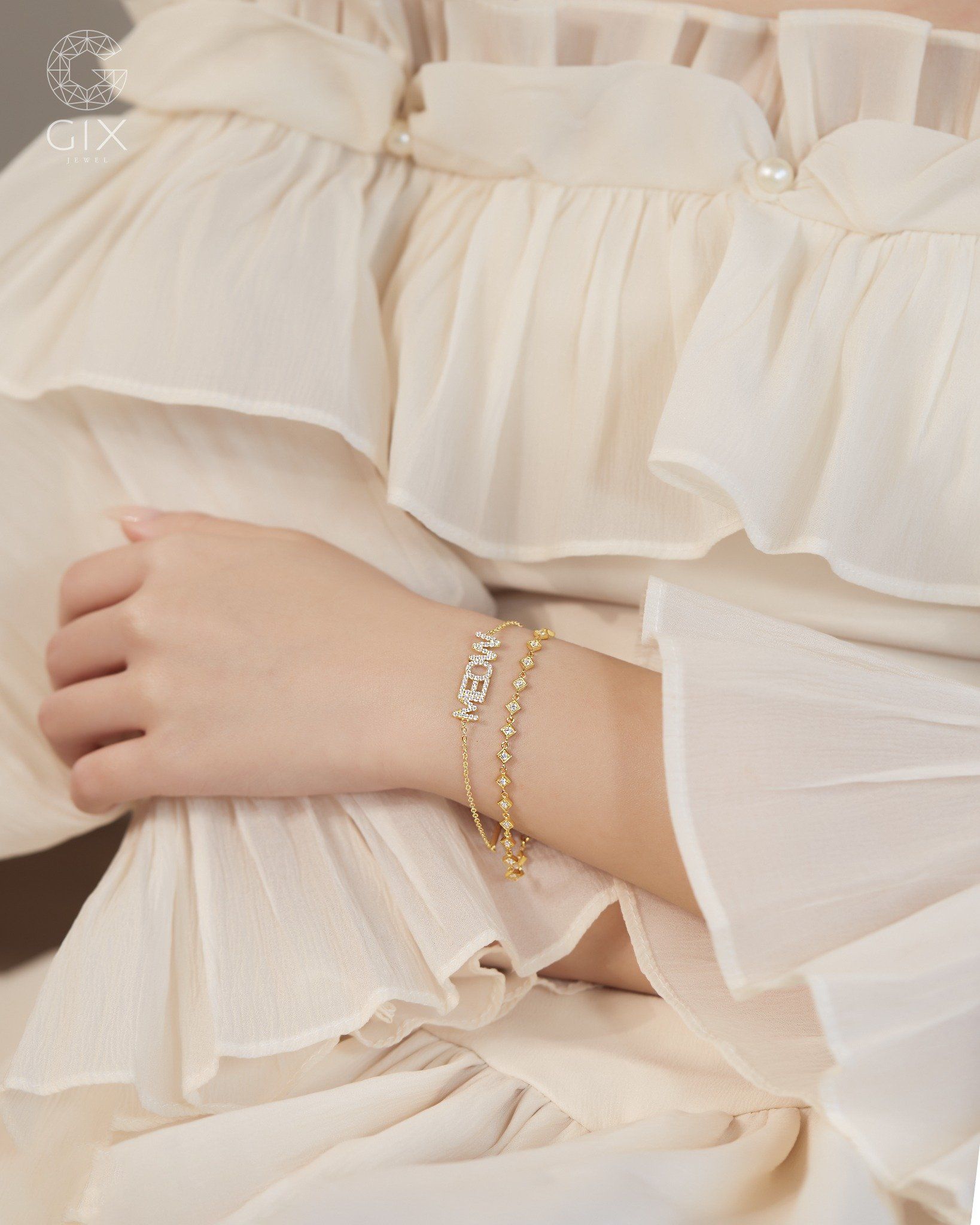  Lắc tay khắc tên vàng 18k & bạc 925 sợi mảnh đính đá | Gix Jewel 