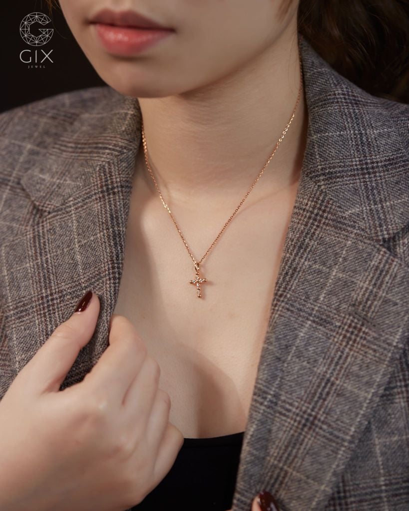  Dây chuyền thánh giá vàng hồng chấm bi tròn đính đá cao cấp | Gix Jewel 