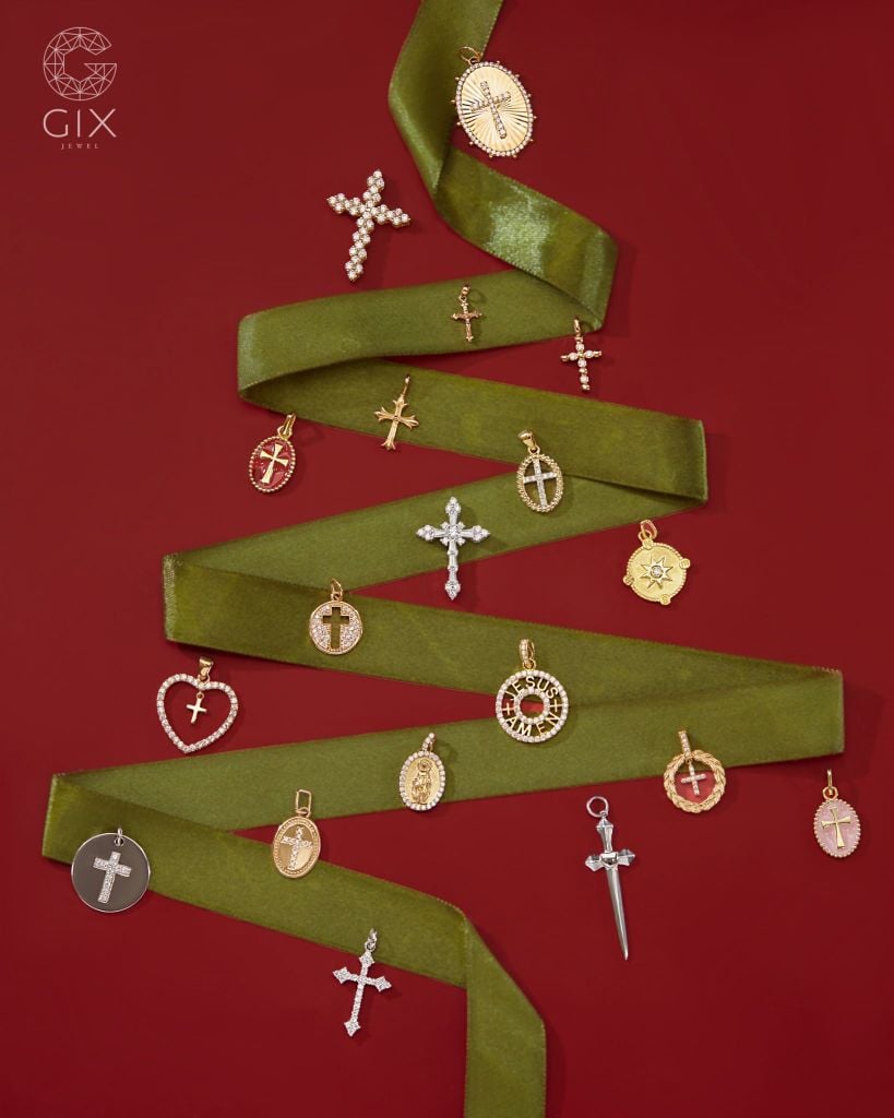  Dây chuyền thánh giá vàng hồng chấm bi tròn đính đá cao cấp | Gix Jewel 