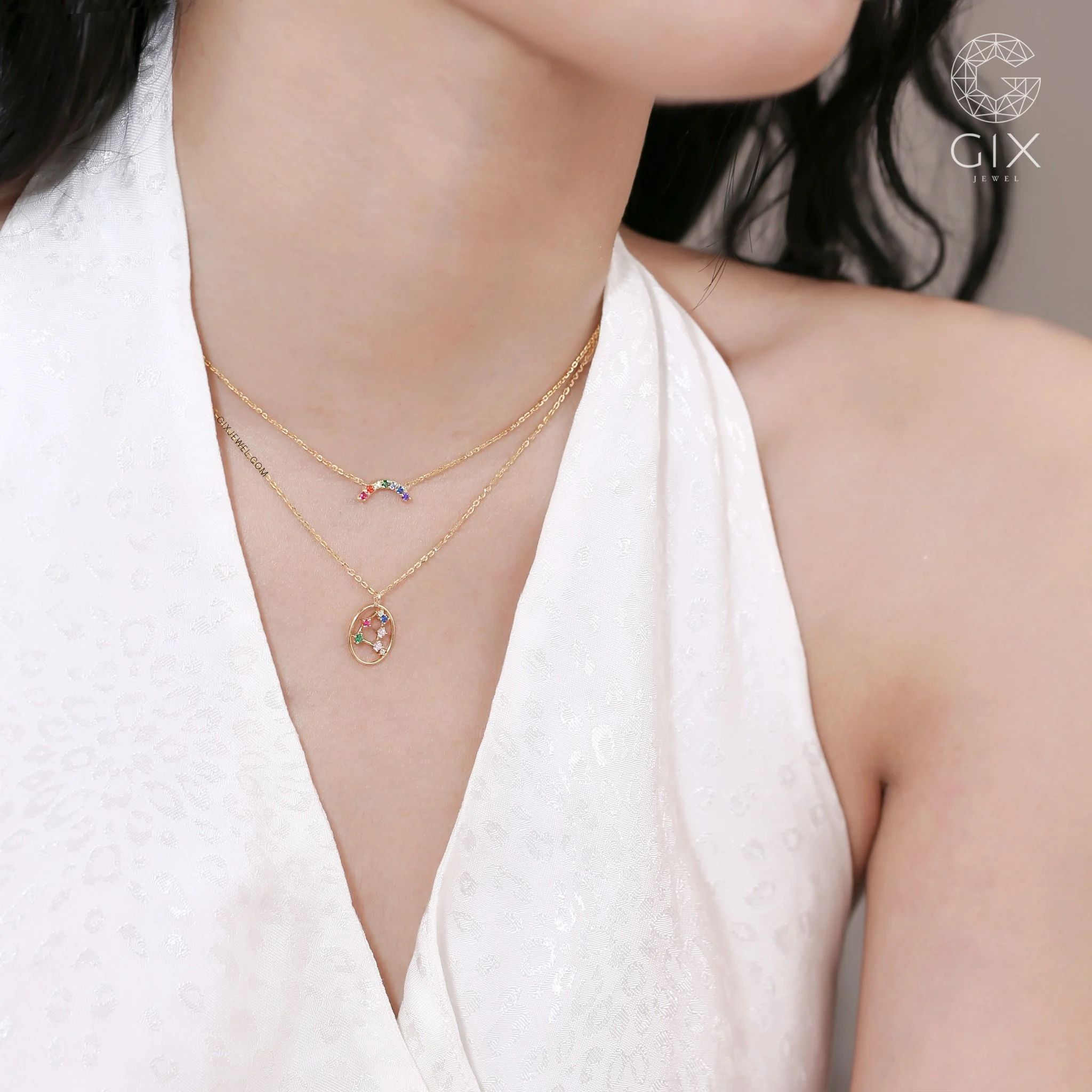  [CÓ SẴN] Dây chuyền vòng cung đính đá cầu vồng vàng 14k - 41cm 