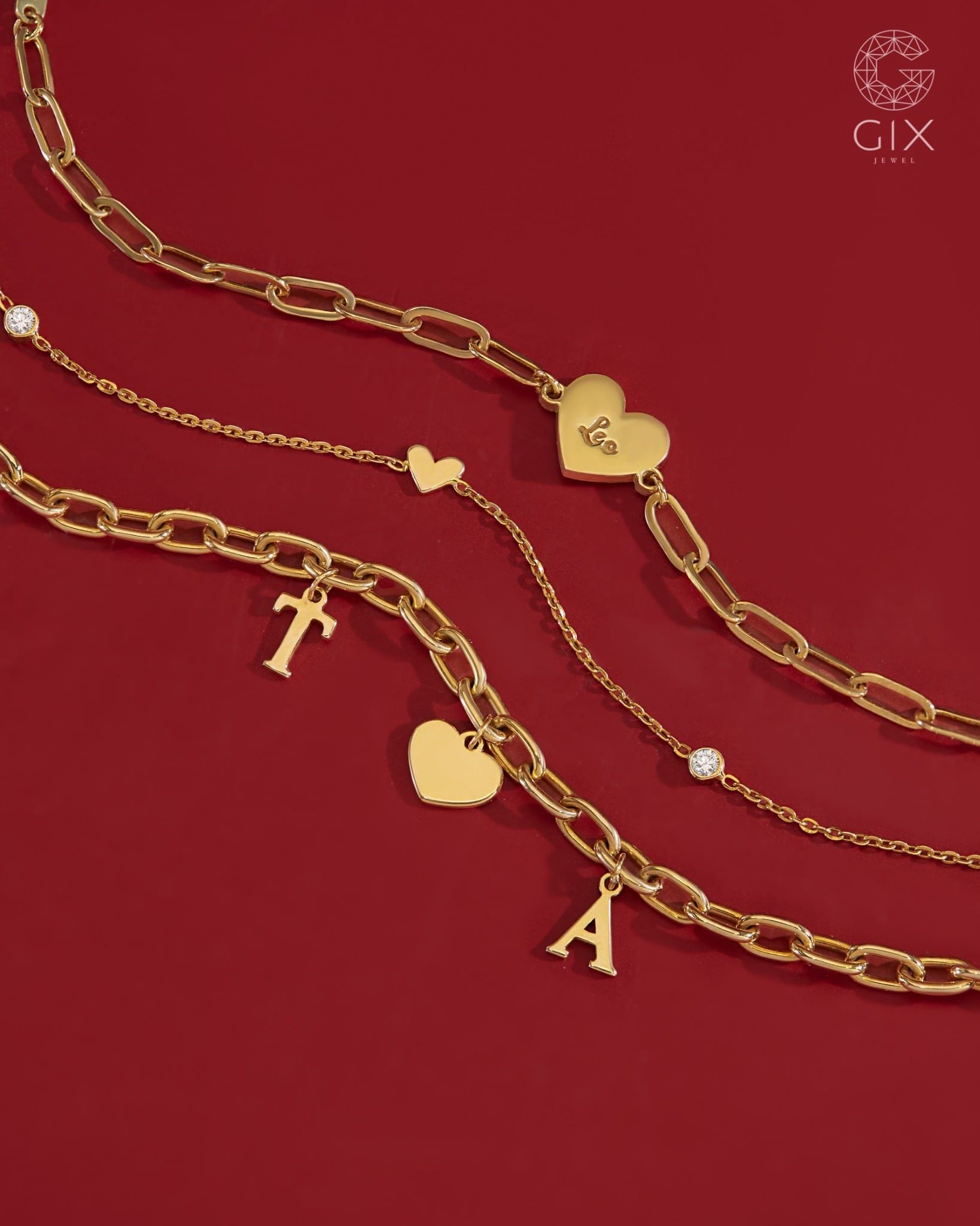  Vòng tay mắc xích vuông cho nam nữ bạc thật Gix Jewel mạ vàng gắn chữ tên riêng 