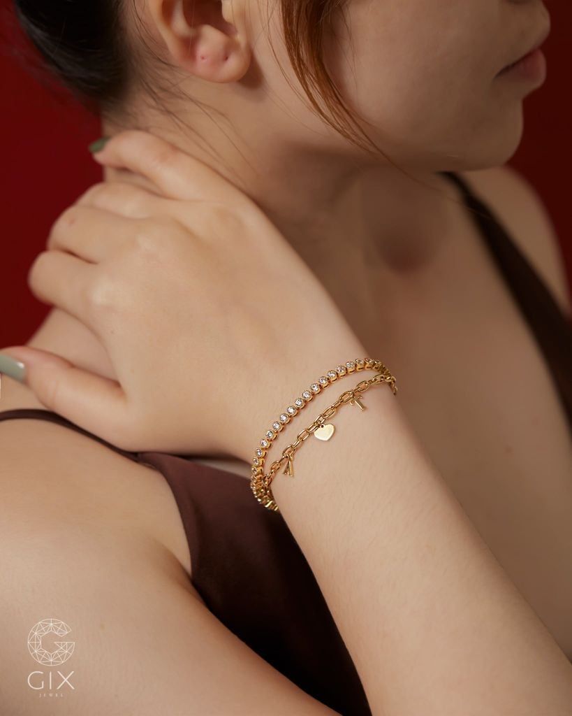  Vòng tay mắc xích vuông cho nam nữ bạc thật Gix Jewel mạ vàng gắn chữ tên riêng 