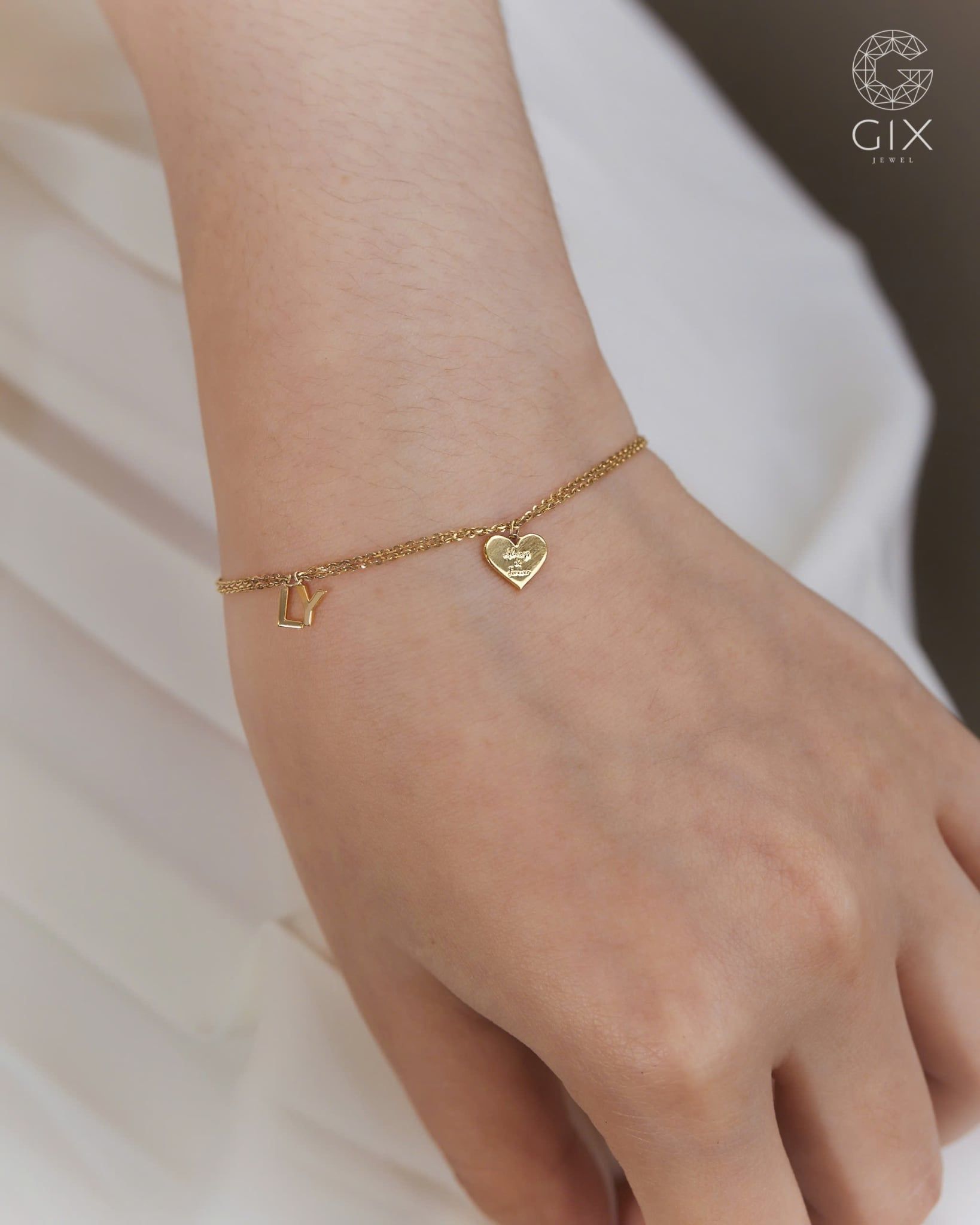  [CÓ SẴN] Lắc tay tim gắn chữ LY vàng hồng 14k - 16.5cm 
