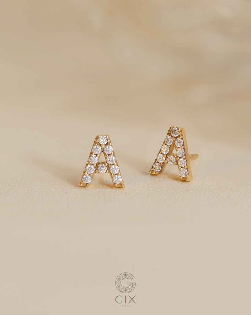  Bông tai chữ cái theo tên vàng 10k, 18k đính kim cương | Gix Jewel 