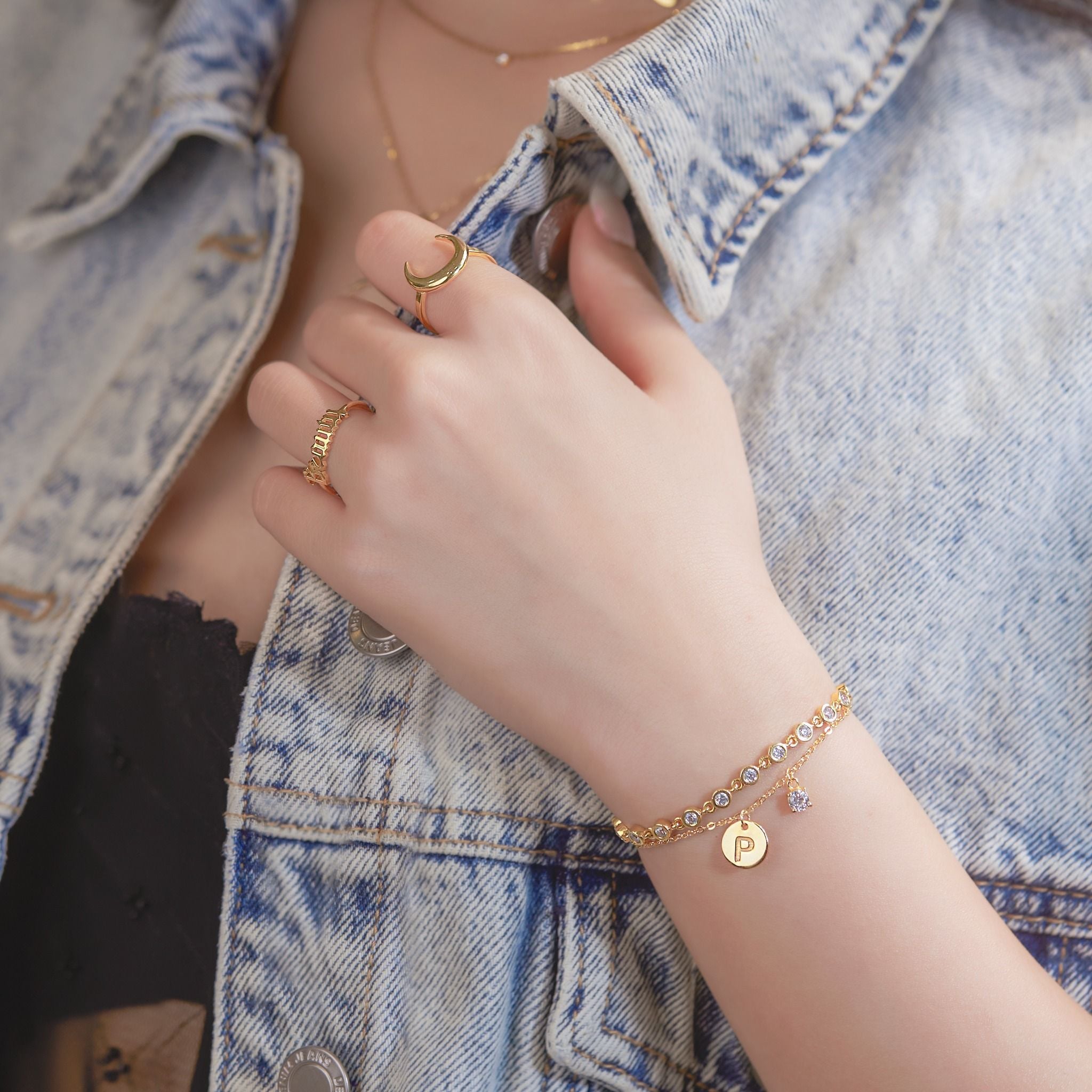  Lắc tay khắc tên bạc & vàng tây sợi mảnh gắn đá cao cấp | Gix Jewelry 