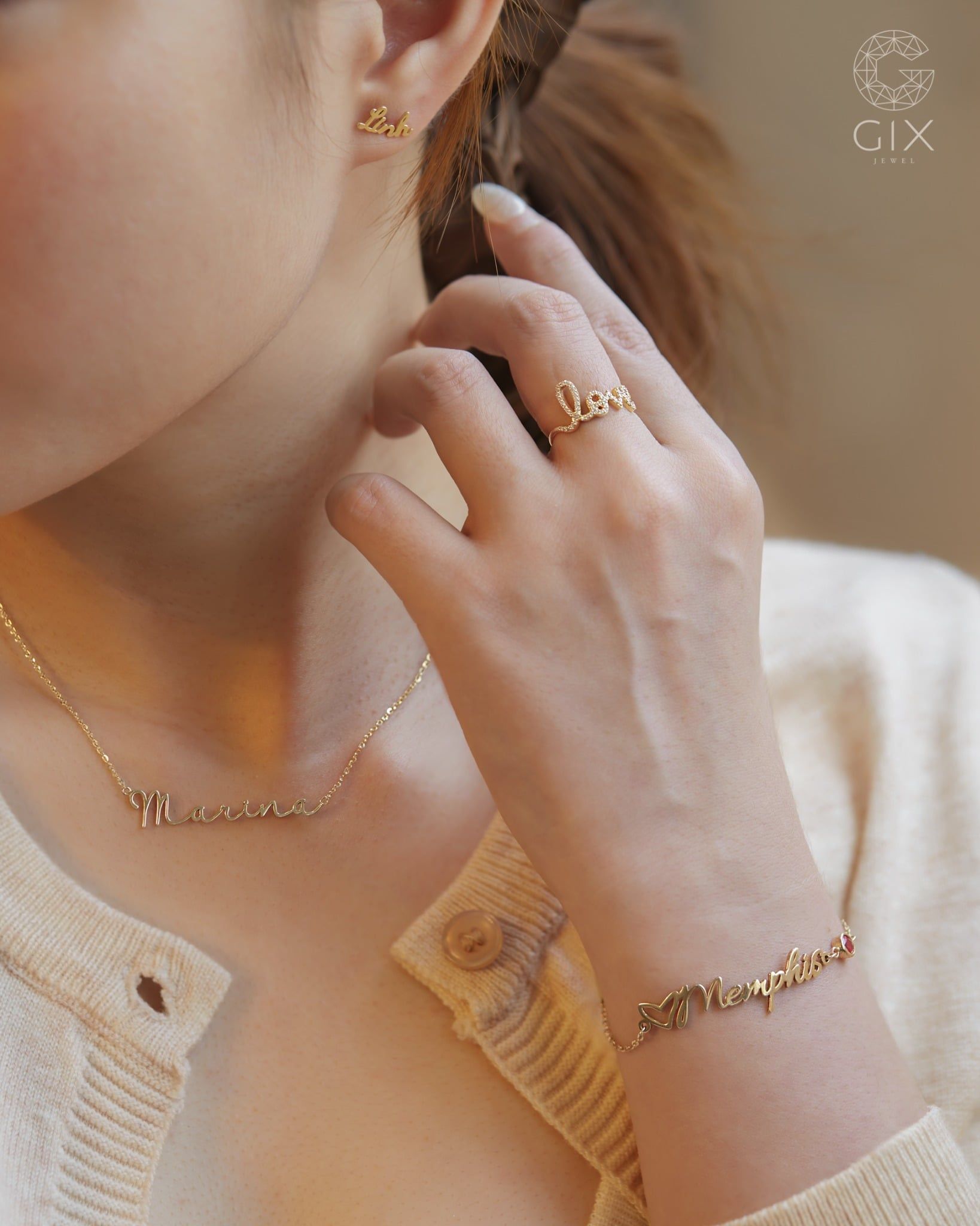  Nhẫn chữ love vàng 14k nữ đẹp đính đá | Gix Jewel 