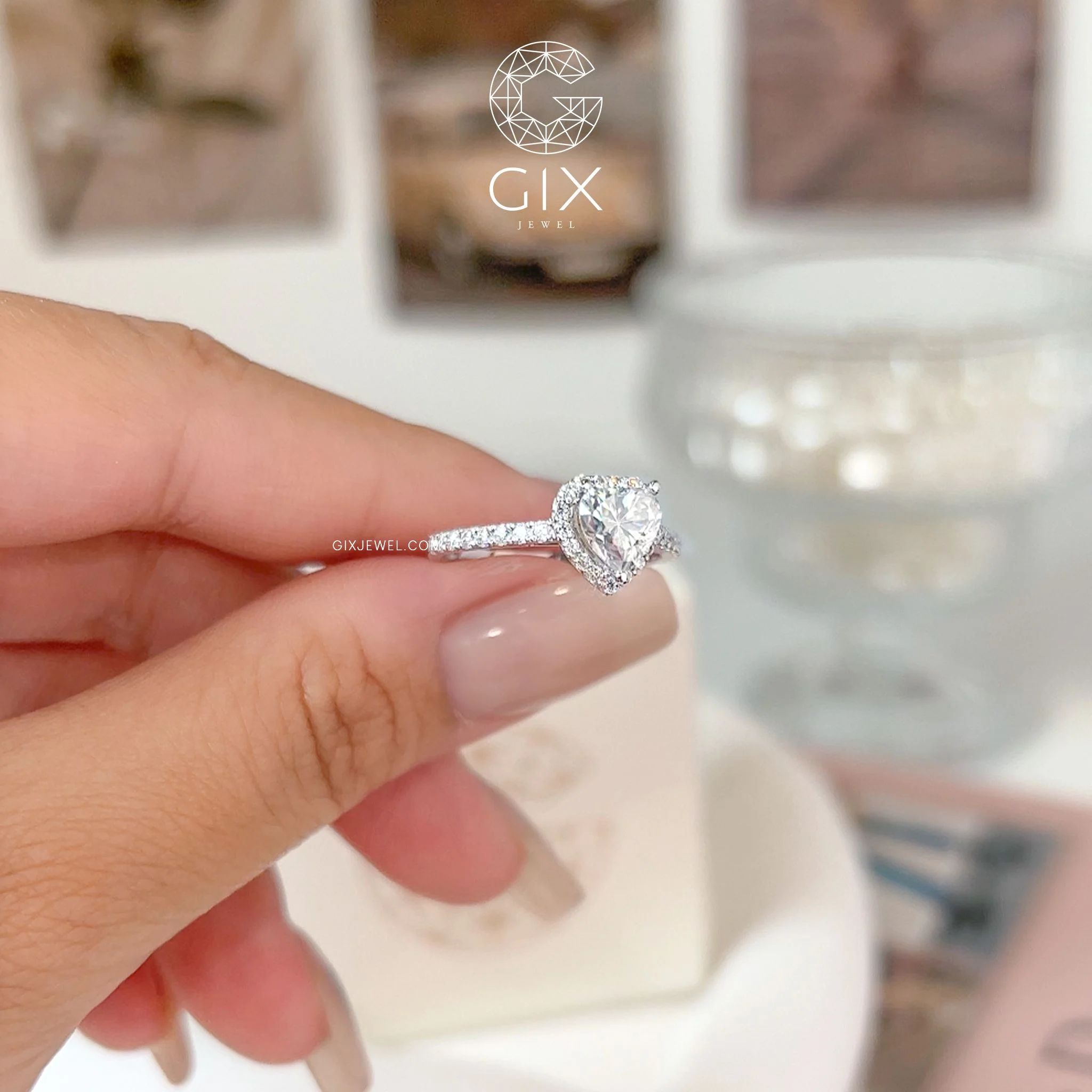  [CÓ SẴN] Nhẫn cầu hôn Moissanite trái tim vàng trắng 18k - ni 19 
