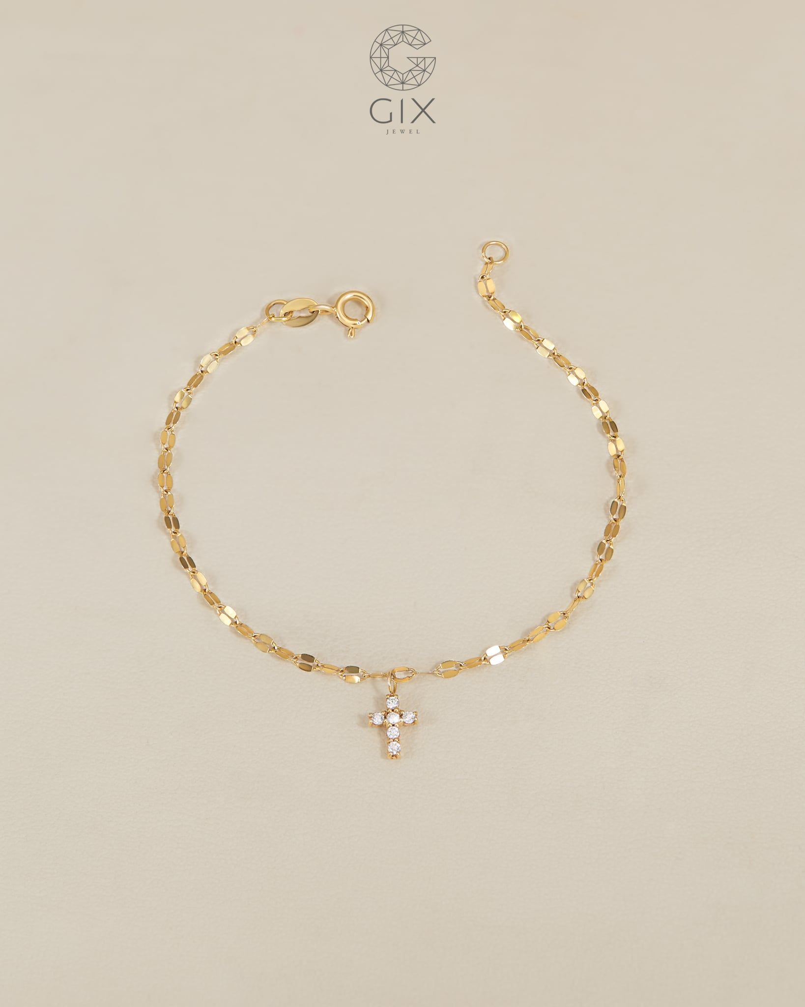 [CÓ SẴN] Lắc tay vàng 14k mặt thánh giá đính moissanite - 16cm 