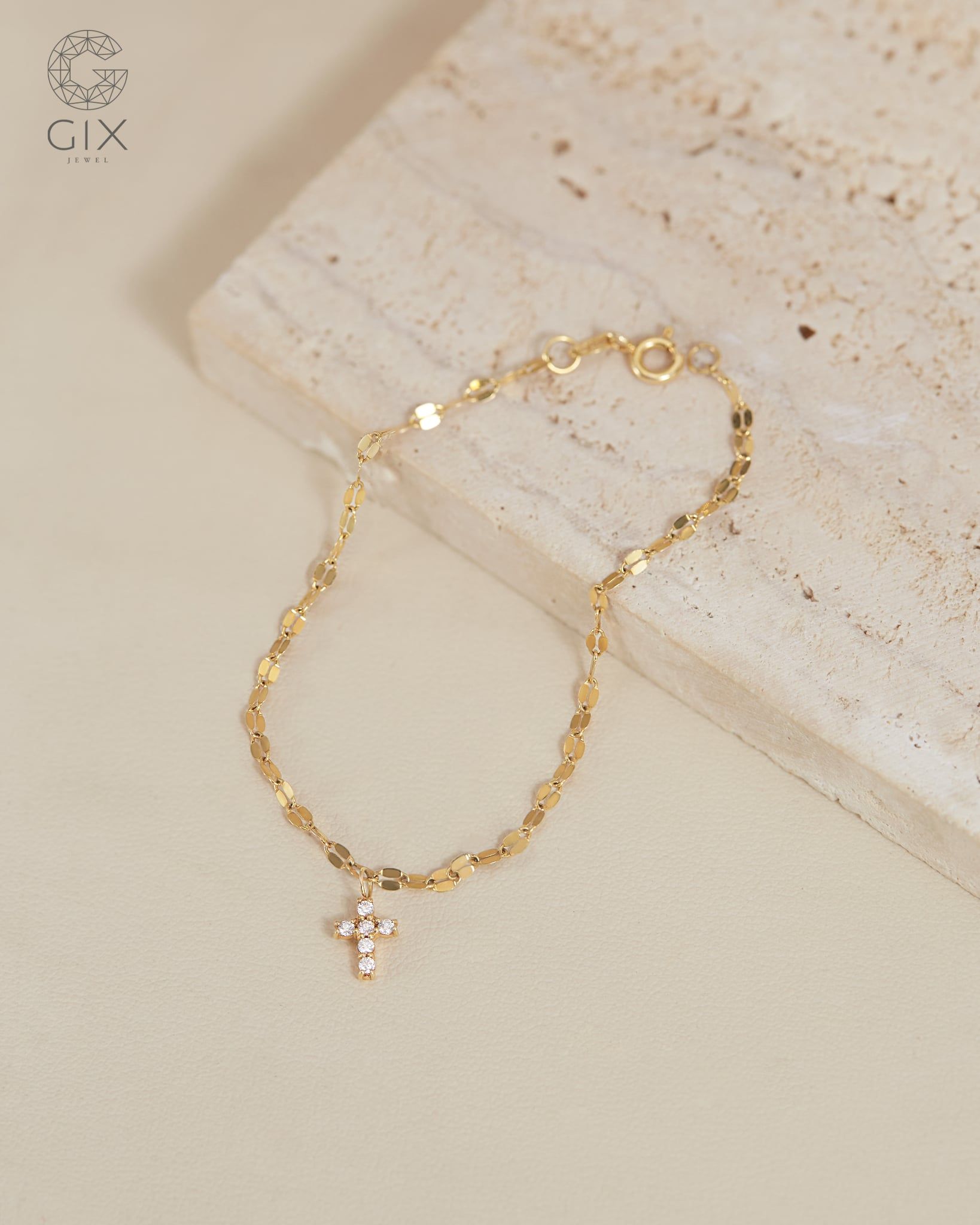 [CÓ SẴN] Lắc tay vàng 14k mặt thánh giá đính moissanite - 16cm 