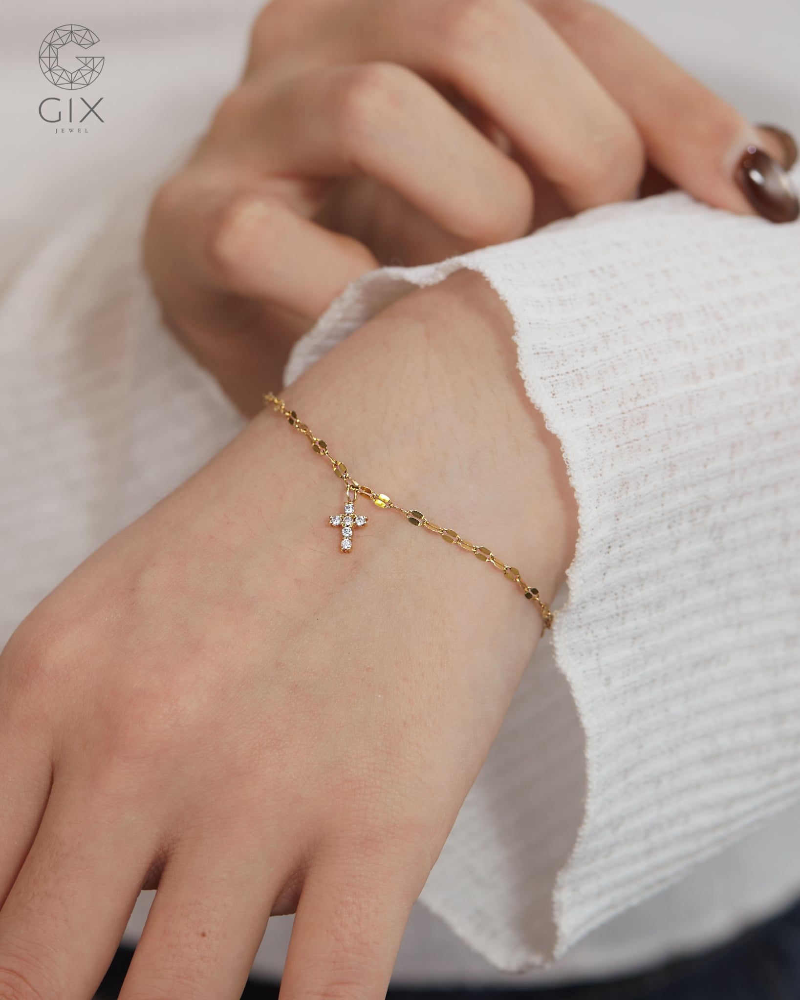  [CÓ SẴN] Lắc tay vàng 14k mặt thánh giá đính moissanite - 16cm 