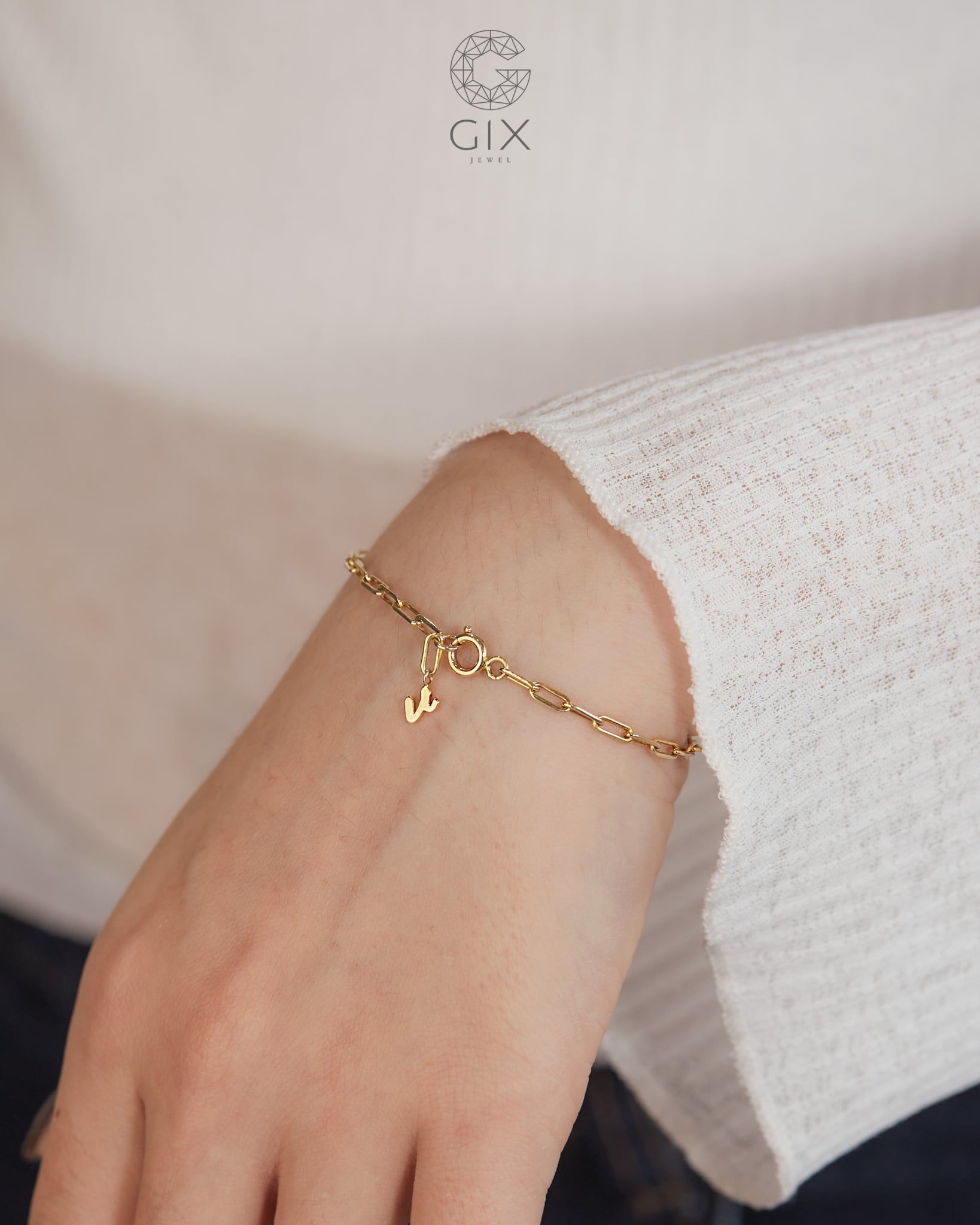  [CÓ SẴN] Lắc tay vàng 14k mắc xích ký tự v - trái tim - t 16cm 