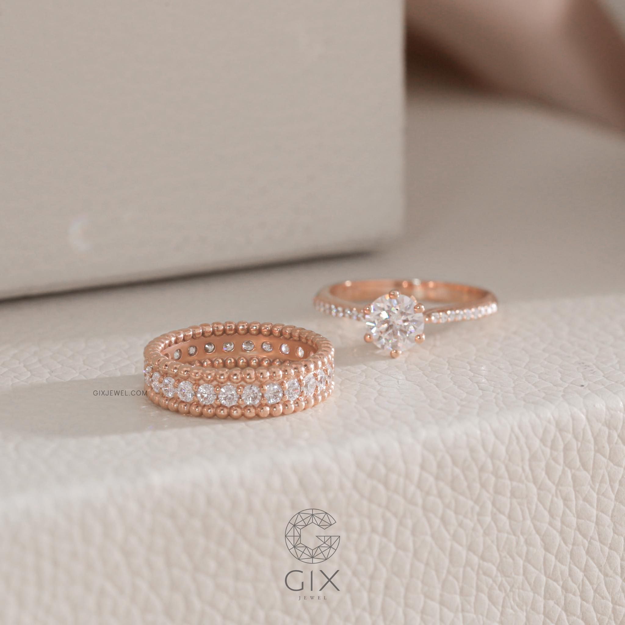  [CÓ SẴN] Nhẫn 2 viền bi đính đá vàng hồng 14k 