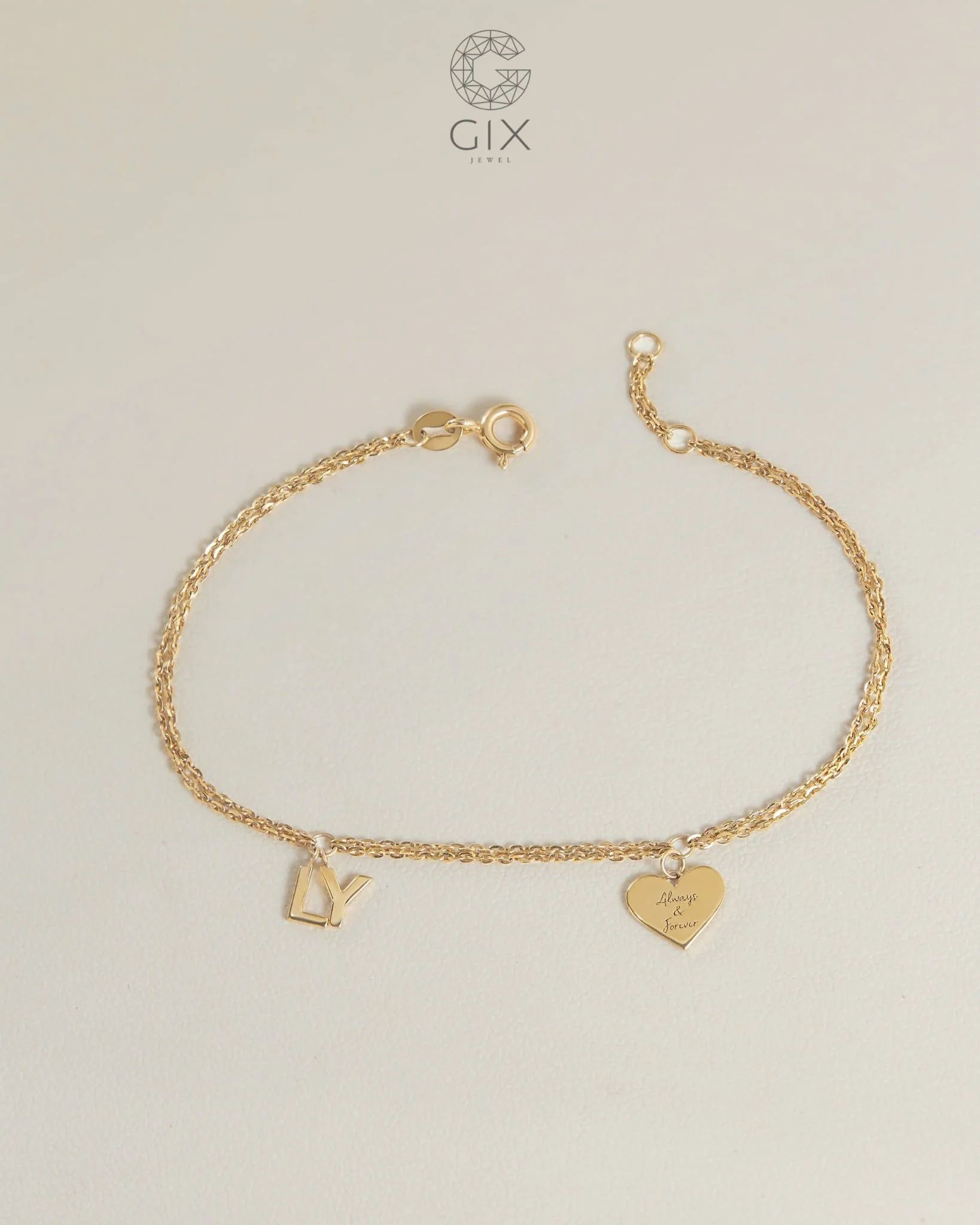  [CÓ SẴN] Lắc tay tim gắn chữ LY vàng hồng 14k - 16.5cm 
