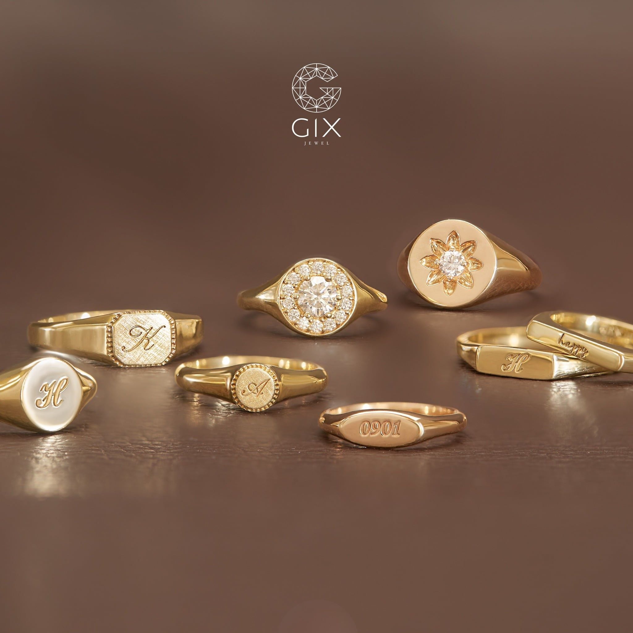  Nhẫn cưới thiết kế độc đáo signet ring vàng 18k khắc chữ đẹp Gix Jewel 