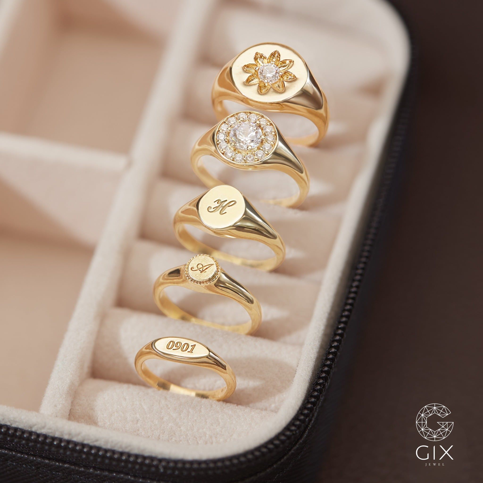  Nhẫn cưới thiết kế riêng signet mặt tròn vàng 18k đẹp nhất đính kim cương sang trọng Gix Jewel 