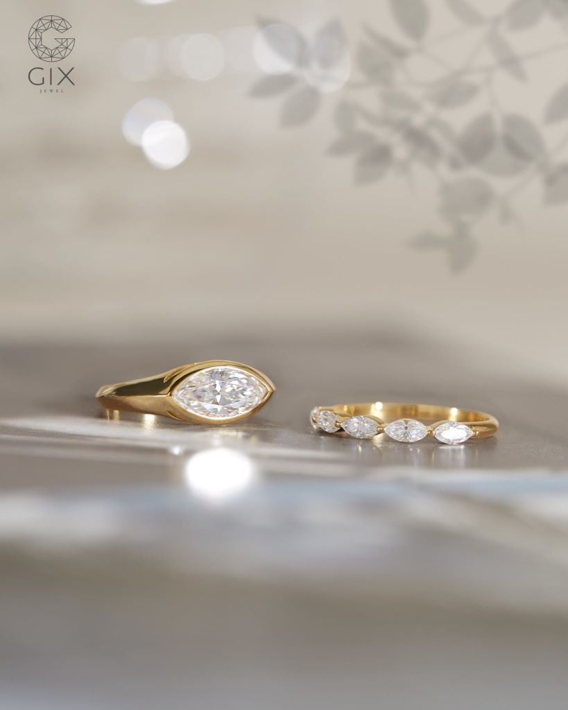  Bộ nhẫn nữ vàng đẹp đính Moissanite hạt dưa - Luna Marquise | Gix Jewel 