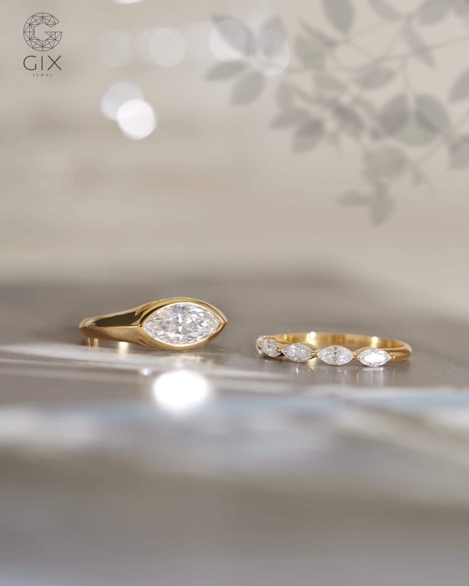  Bộ nhẫn nữ vàng đẹp đính Moissanite hạt dưa - Luna Marquise | Gix Jewel 
