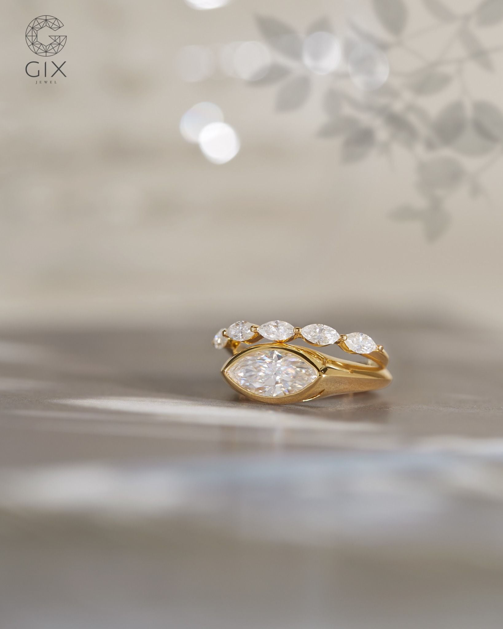  Bộ nhẫn nữ vàng đẹp đính Moissanite hạt dưa - Luna Marquise | Gix Jewel 