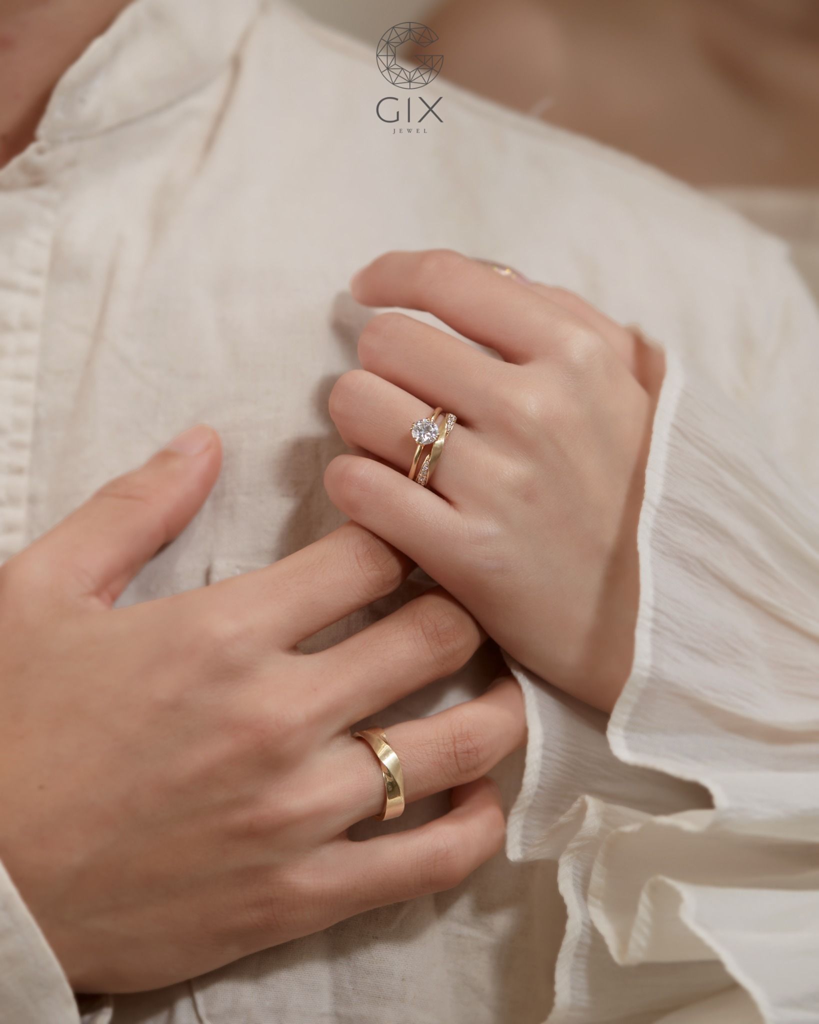  Nhẫn cưới vàng 14k đính kim cương đơn giản đẹp Gix - GCR25050060 