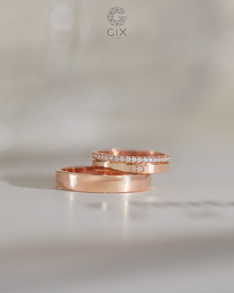  Nhẫn cưới mới nhất vàng hồng đẹp rose gold đính full kim cương thiết kế độc đáo Gix 