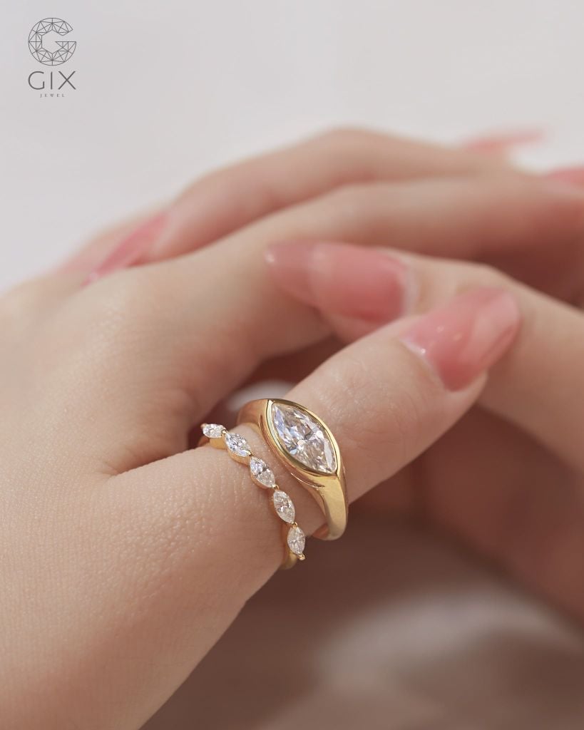  Bộ nhẫn nữ vàng đẹp đính Moissanite hạt dưa - Luna Marquise | Gix Jewel 