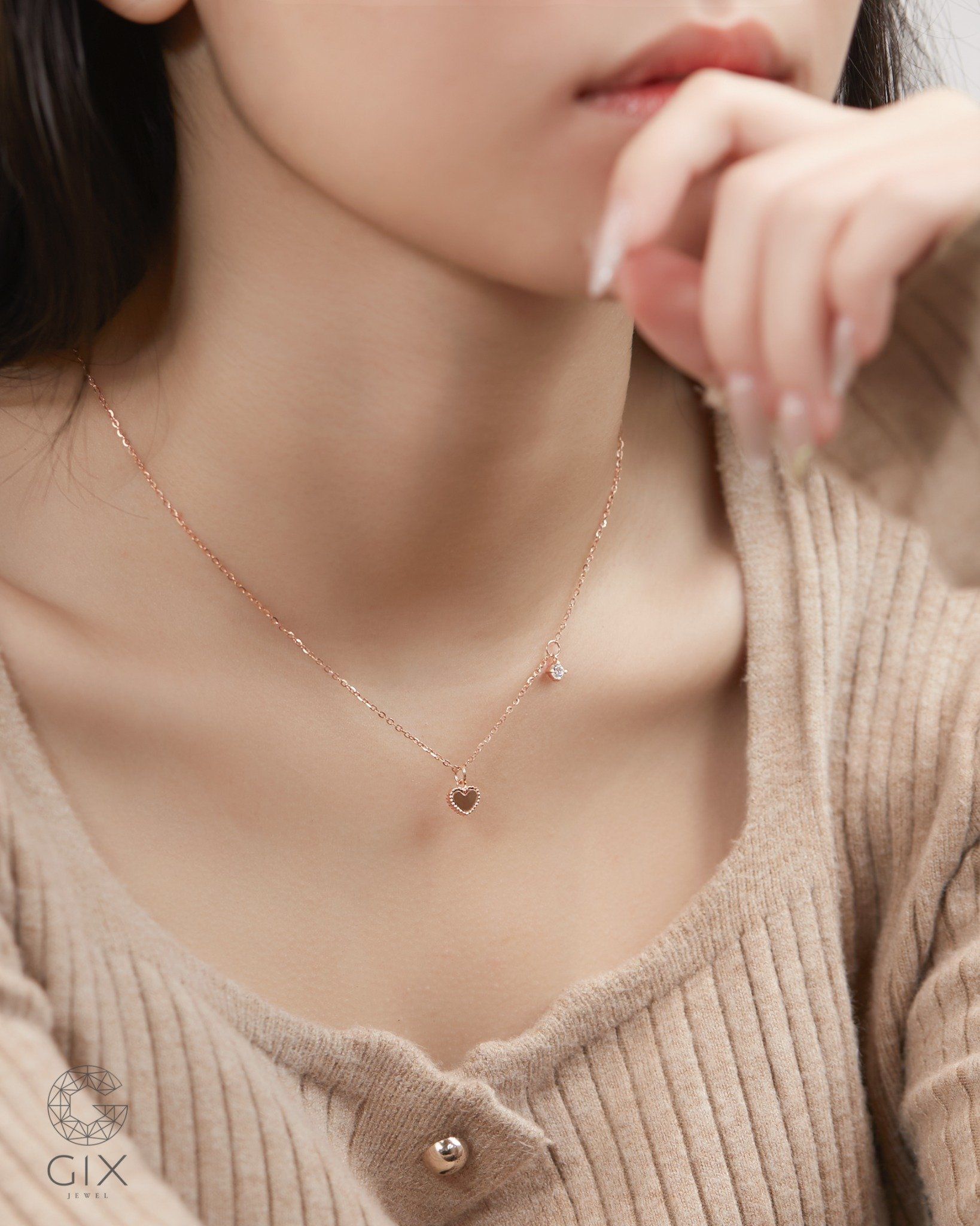  Dây chuyền trái tim vàng hồng 18k sợi mảnh đẹp đính đá khắc tên | Gix Jewel 