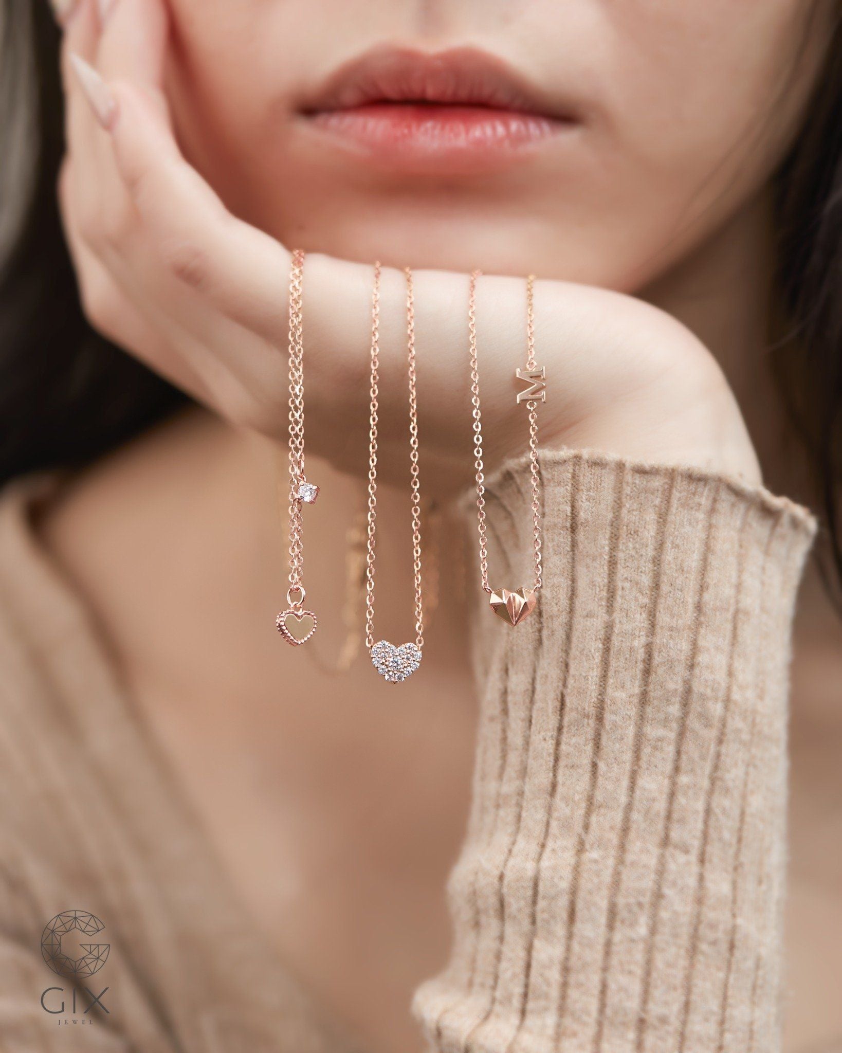  Dây chuyền vàng hồng 18k bạc ý 925 nữ đẹp hình trái tim ôm sát cổ đính kim cương nhân tạo Gix Jewel 
